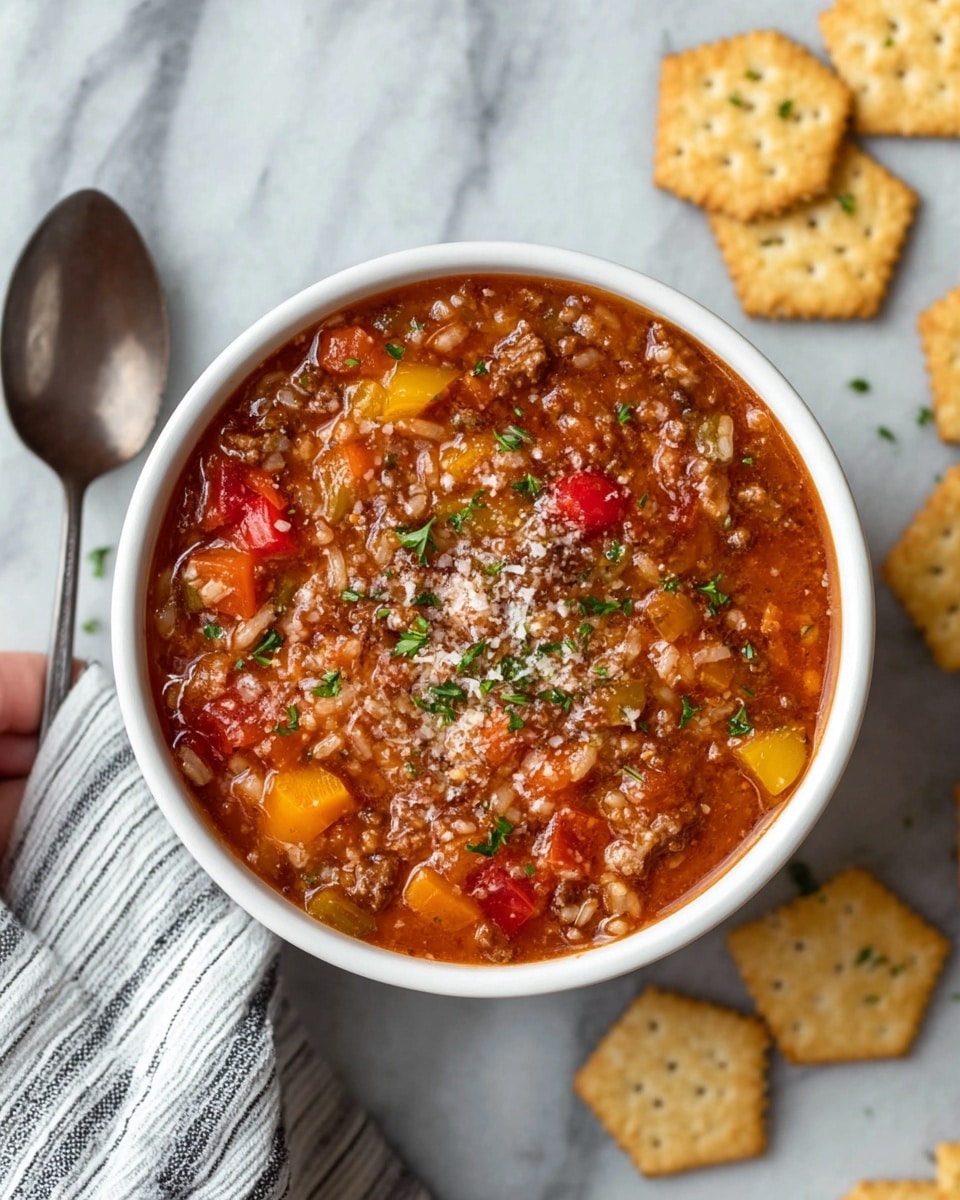 A close-up view of a white bowl filled with a thick stew consisting of three main layers: the base layer is a rich, reddish-brown sauce with a smooth texture; scattered throughout are chunks of yellow and red bell peppers adding bright pops of color; mixed in are small pieces of ground meat and soft barley, giving a textured, hearty look; sprinkled lightly on the top are small bits of chopped green herbs, adding a fresh contrast to the warm colors of the stew; the bowl sits on a white marbled surface. photo taken with an iphone --ar 4:5 --v 7