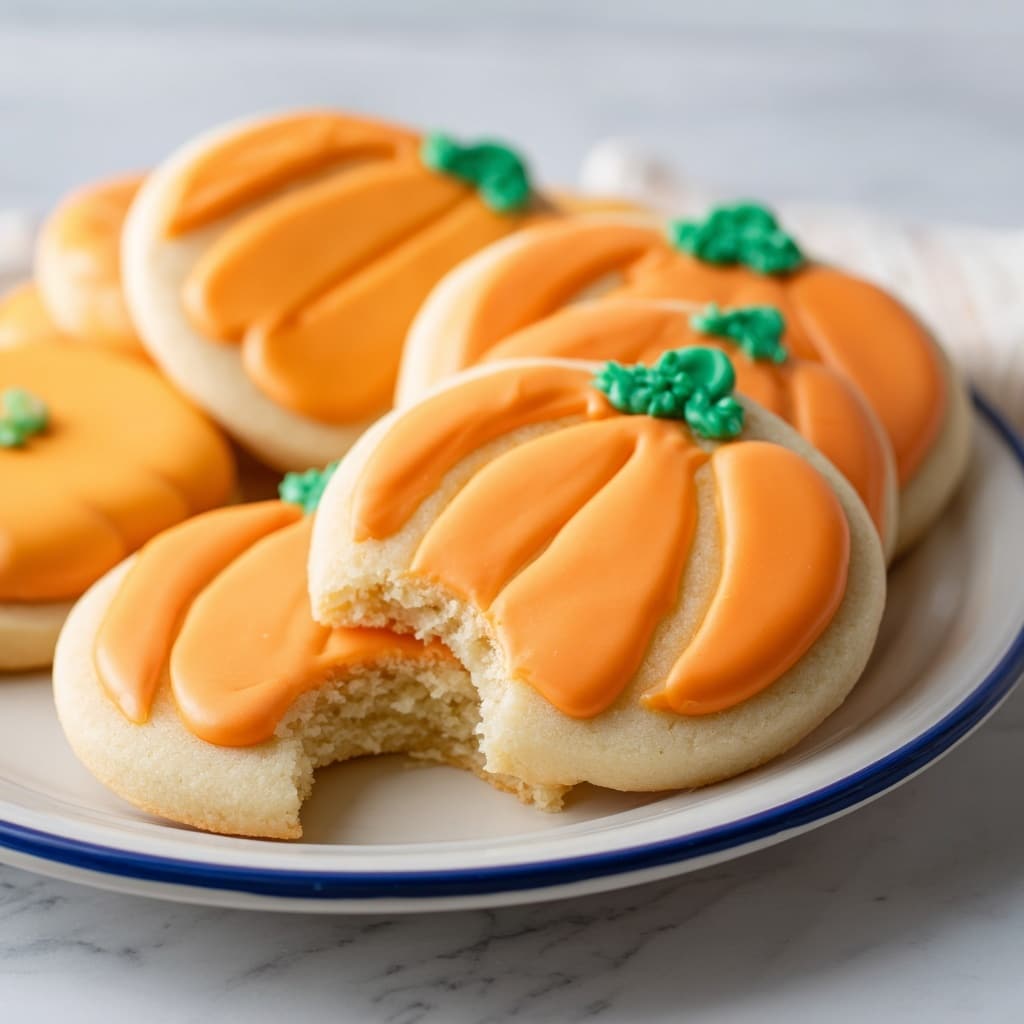 The image shows pumpkin-shaped sugar cookies with three visible layers: the bottom is a light golden cookie base, the middle is a thick soft cookie dough, and the top layer is smooth shiny orange icing shaped like a pumpkin with raised curved lines for pumpkin ridges and a small green stem. One cookie in the foreground has a bite taken out, revealing the soft texture inside. They are all placed neatly on a round white plate with a blue rim, set on a white marbled surface. photo taken with an iphone --ar 4:5 --v 7