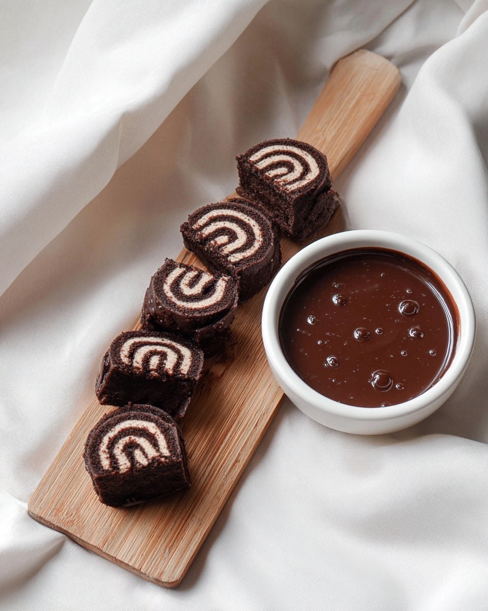 A wooden board holds six pieces of dark chocolate roll slices arranged in two rows of three, showing thin, light cream spiral layers inside each piece. Next to the slices is a white bowl filled with smooth, shiny chocolate sauce with a few small bubbles on the surface. The board rests on soft white fabric with gentle folds, creating a cozy setting. photo taken with an iphone --ar 4:5 --v 7