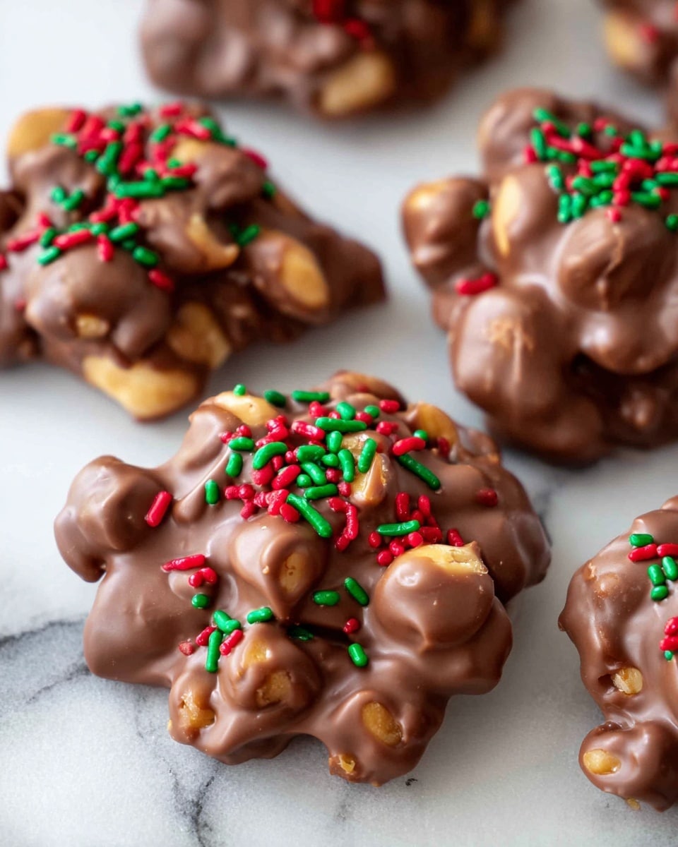 The image shows several chocolate clusters placed on a white marbled surface. Each cluster has one thick layer of smooth milk chocolate that coats what seem to be whole peanuts, giving the texture a mix of round and bumpy shapes. Scattered on top and embedded slightly into the chocolate are small sprinkles in red and green, adding bright dots of color to the brown clusters. The clusters are irregular in shape but generally rounded and slightly chunky, with a shiny finish that reflects light softly. photo taken with an iphone --ar 4:5 --v 7