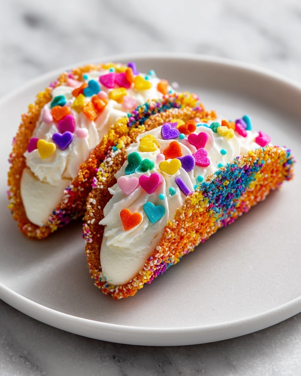 Two small taco-shaped desserts sit on a white plate with a white marbled texture beneath it. Each dessert has a colorful, crunchy shell speckled with bright colors like blue, yellow, pink, green, and purple. Inside the shell is a thick, creamy white filling that is soft and smooth. The filling is topped with tiny round sprinkles in orange, yellow, green, pink, purple, and some heart-shaped red sprinkles, adding a playful and festive look. Photo taken with an iphone --ar 4:5 --v 7
