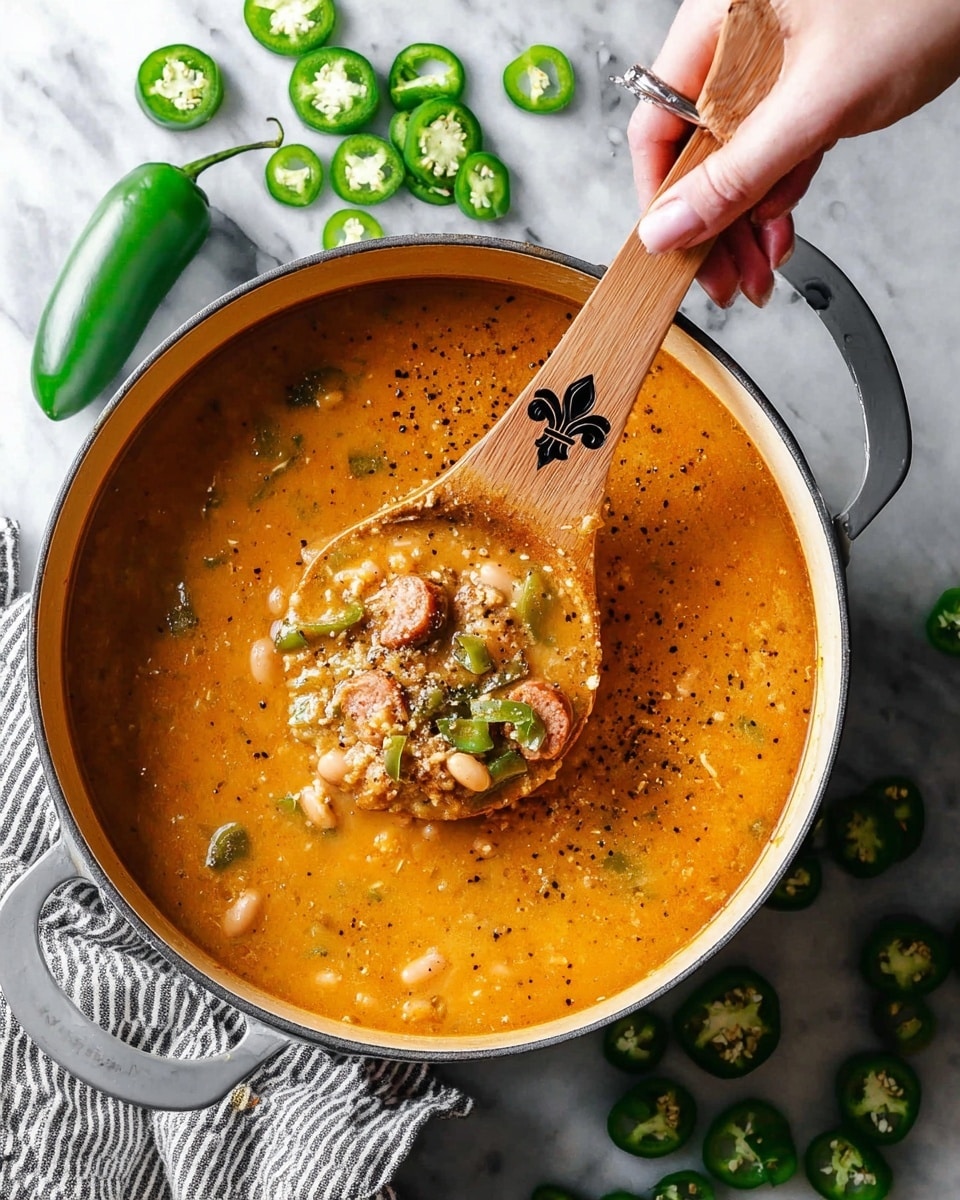 A large white pot filled with thick orange soup containing pieces of white beans, slices of sausage, and chopped green peppers, sprinkled with black pepper on top; a woman's hand holds a wooden spatula with a black fleur-de-lis design, lifting a scoop of the soup showing layers of beans, sausage, and green peppers; the pot is placed on a white marbled surface scattered with sliced green jalapeños and whole green jalapeños, next to a striped kitchen towel. photo taken with an iphone --ar 4:5 --v 7