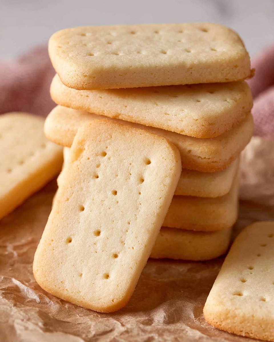 A close-up view of a stack of seven pale golden rectangular shortbread cookies with rounded edges, sitting on crumpled light brown parchment paper against a soft white marbled background. The cookie on top of the stack and the one closest to the camera both have small evenly spaced holes pressed into the surface. The texture of the cookies looks slightly crumbly and buttery, with smooth edges and a soft warm color. Photo taken with an iphone --ar 4:5 --v 7
