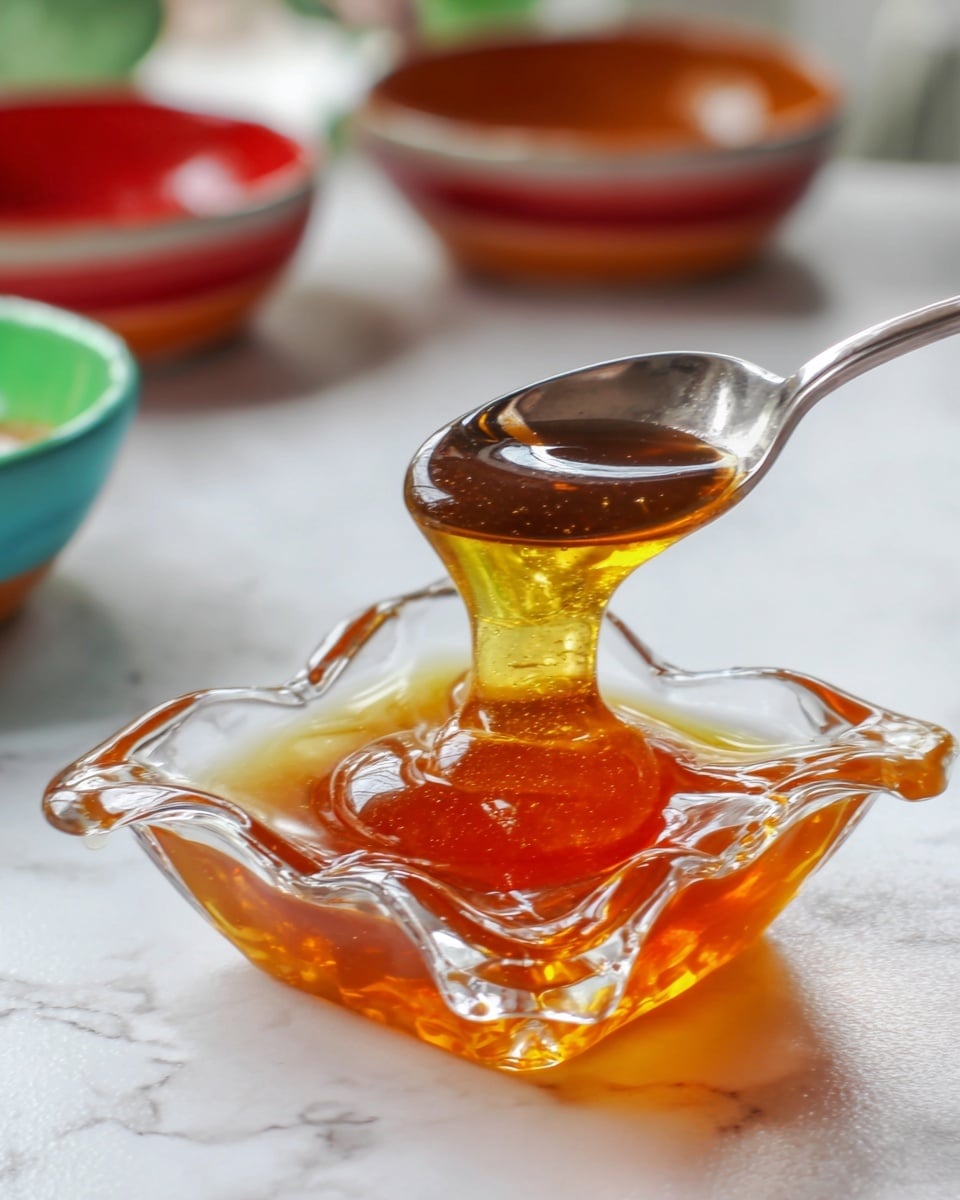 A close-up image shows a clear, shiny, amber-colored honey being poured from a silver spoon into a small, square-shaped glass dish with wavy edges. The honey flows smoothly in a thick, sticky stream, forming a glossy pool at the bottom of the dish. The dish sits on a white marbled surface, with parts of red and green bowls visible out of focus in the background, adding subtle color contrast. Photo taken with an iphone --ar 4:5 --v 7