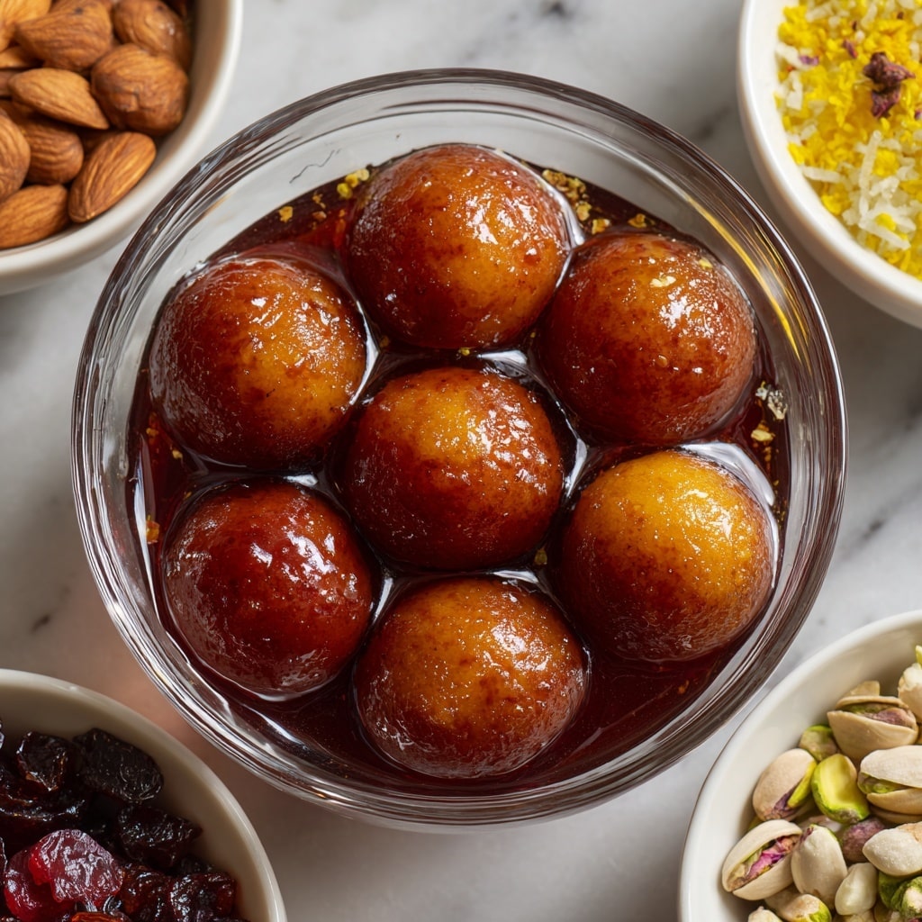 The image shows a clear glass bowl filled with seven round, golden-brown gulab jamun balls soaked in syrup, placed in the center on a white marbled surface. Surrounding the main bowl are three white bowls: one on the left filled with light brown almonds, another below it filled with mixed dried fruits of yellow, orange, dark brown, and red colors, and one on the right filled with white pistachios. The lighting highlights the smooth, glossy texture of the gulab jamun, making them look soft and juicy, while the nuts and dried fruits add a textured contrast around it. Photo taken with an iphone --ar 4:5 --v 7