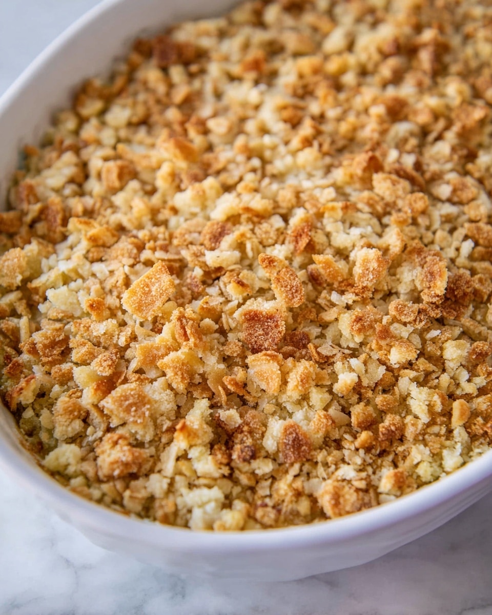 A close-up view of a baked dish inside a white bowl, filled mostly with a crispy topping made of small, uneven pieces of light brown and golden toasted crumbs scattered all over the top. The crumbs show different shades of light beige to golden brown, with a slightly rough and crunchy texture, giving a sense of a warm, freshly baked meal. The bowl sits on a white marbled surface that softly reflects the light around it. photo taken with an iphone --ar 4:5 --v 7