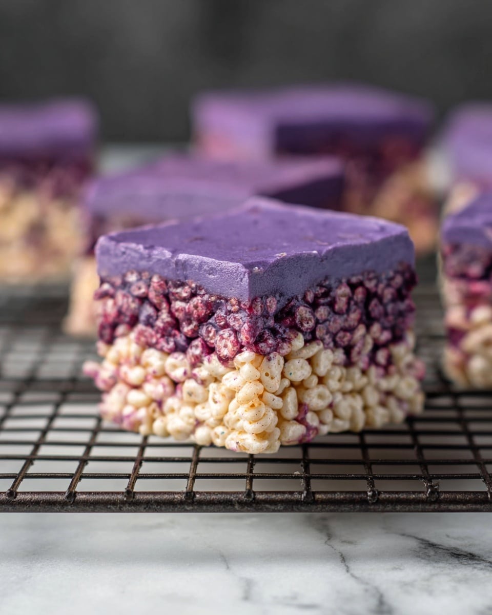 The image shows three square treat bars stacked on top of each other on a black cooling rack, with more bars blurred in the background. Each bar has two visible layers: the bottom layer is light beige with a crispy texture made from puffed rice, while the top layer is a vibrant purple with the same crispy texture. The edges are clean and the bars look firm and sticky. The background has a soft gray tone. Photo taken with an iphone --ar 4:5 --v 7