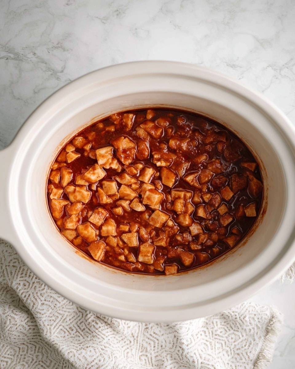 A white ceramic slow cooker filled with a chunky mixture of diced pieces soaked in a reddish-brown sauce, evenly spread in one layer inside the pot. The diced pieces are soft and juicy, coated with the sauce giving a glossy texture. The slow cooker is placed on a white marbled surface with a light patterned cloth beside it, adding a homey touch. photo taken with an iphone --ar 4:5 --v 7