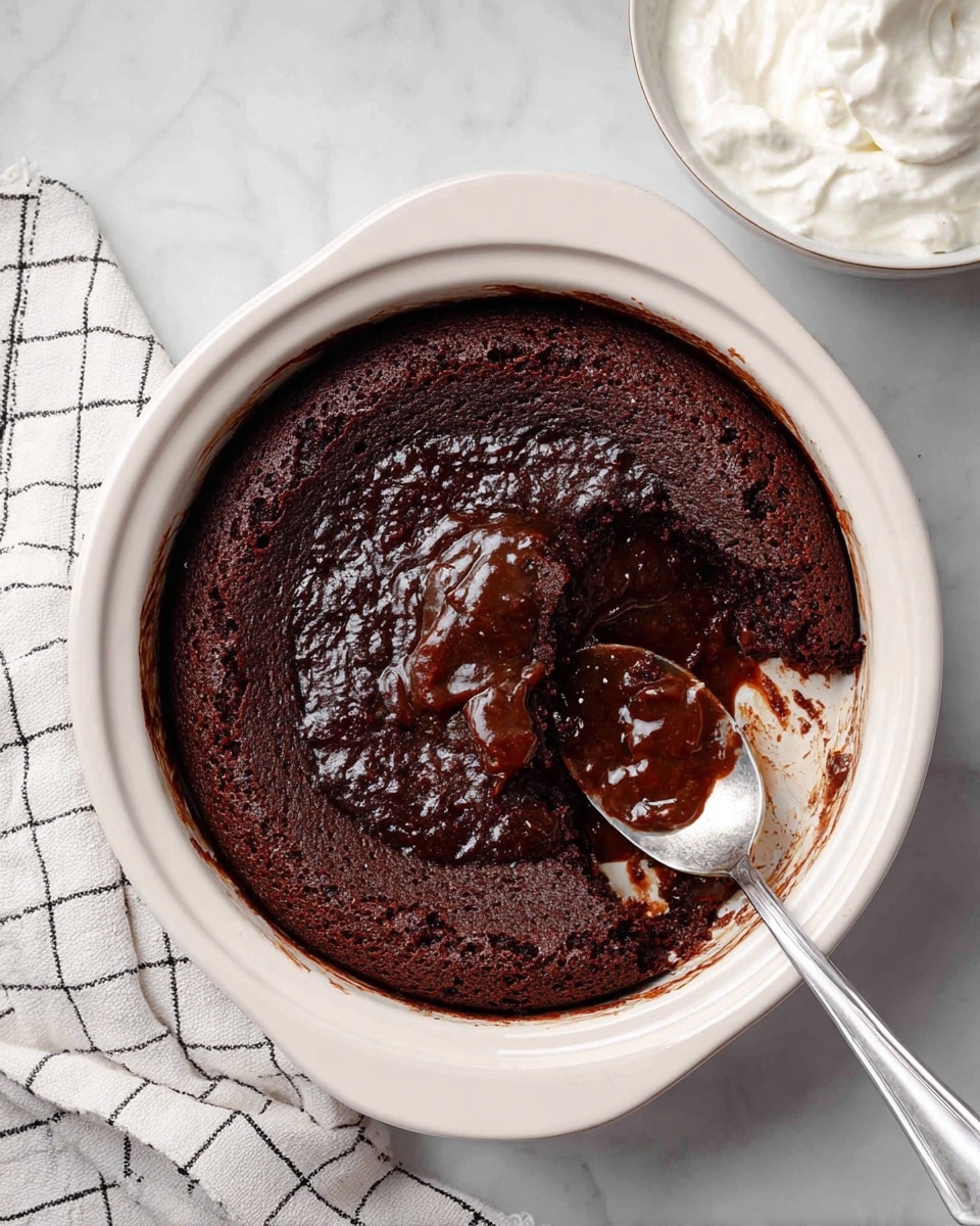 A round, white ceramic baking dish contains a thick chocolate dessert with a textured, cracked surface that looks moist and fudgy. One section has been scooped out with a silver spoon resting inside, revealing a gooey, dark chocolate layer underneath that contrasts with the firmer top. Next to the dish on a white marbled surface is a small white bowl filled with whipped cream, showing soft peaks and a metal spoon inside. A white towel with a black grid pattern lies partially under the baking dish. photo taken with an iphone --ar 4:5 --v 7