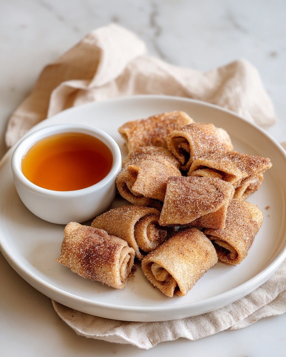 On a white plate, there are several small rolled pieces of flatbread cut into bite-sized chunks, each coated with a light brown cinnamon sugar mixture that adds a slightly grainy texture. The flatbread rolls show thin layers of dough tightly wrapped together, some with a spiral shape visible on the sides. Next to the flatbread pieces, there is a small white bowl filled with amber-colored syrup, smooth and glossy, positioned on the left side of the plate. The plate is placed on a white marbled surface with a soft beige cloth partly visible beneath it. Photo taken with an iphone --ar 4:5 --v 7