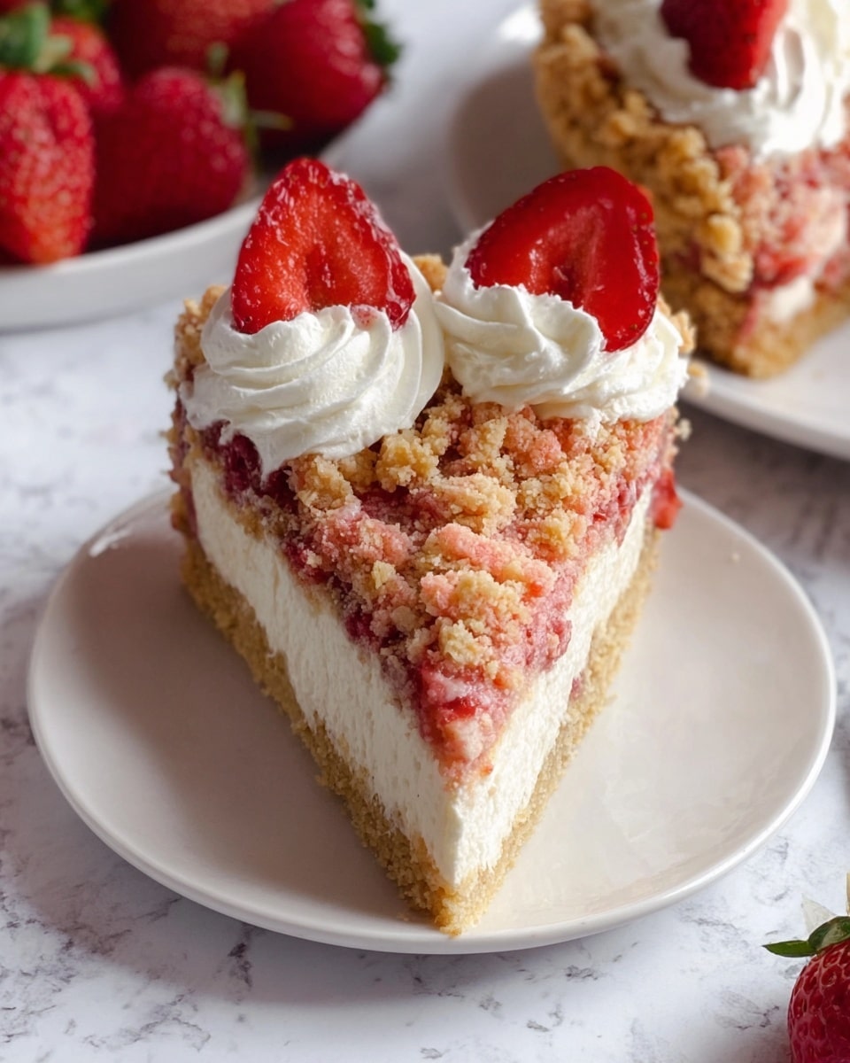 A single slice of strawberry crumble cake rests on a white plate with a smooth surface. The cake has three visible layers: a light beige crumbly crust at the bottom, a thick middle layer of white creamy filling, and a top layer covered with pink and light brown crumbly streusel bits. On top of the slice, there are two swirls of white whipped cream, each topped with a fresh red strawberry half showing its juicy interior. In the background, whole bright red strawberries and another slice of the same cake are partially visible, all set on a white marbled surface. Photo taken with an iphone --ar 4:5 --v 7