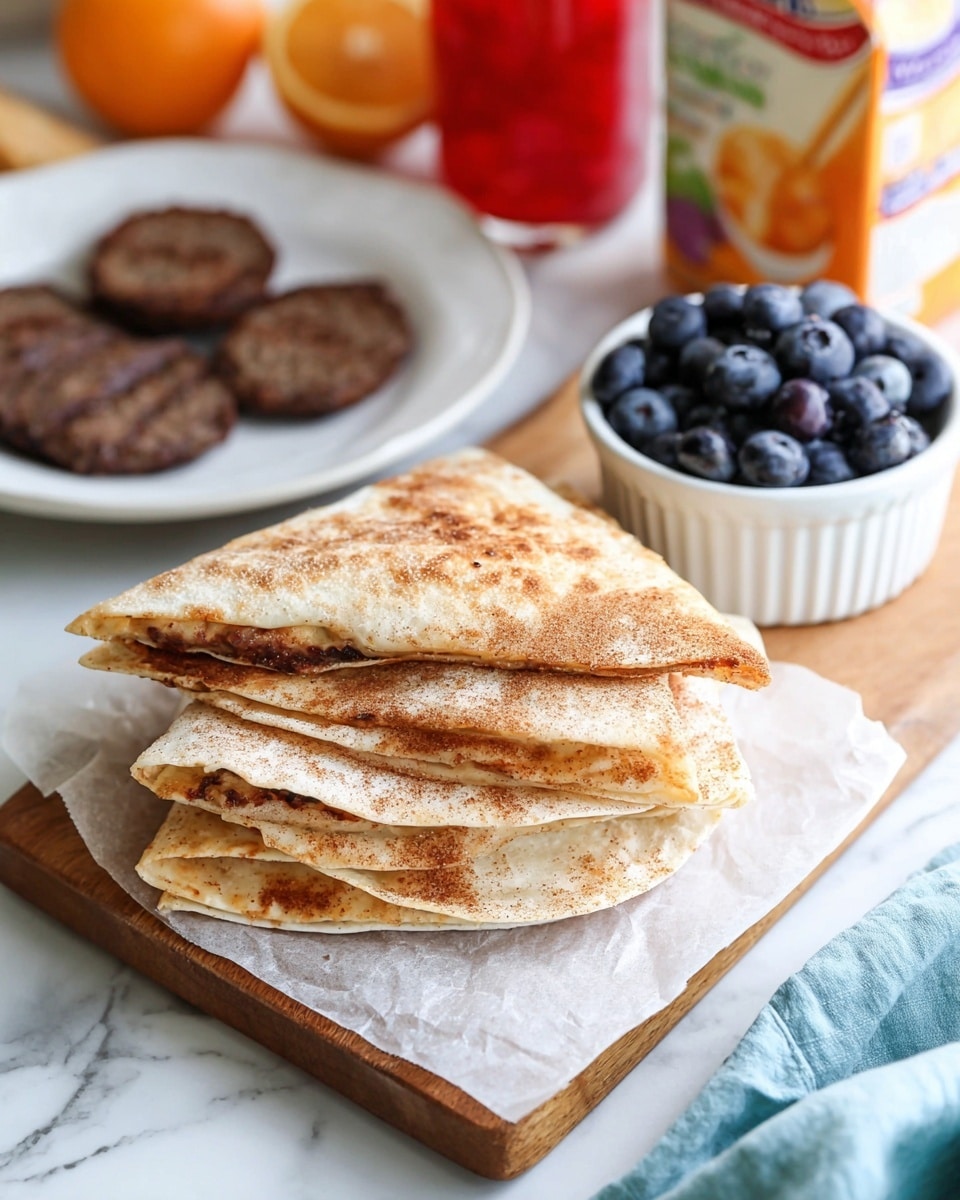 A stack of four folded quesadillas with a light golden brown toast and sprinkled with cinnamon sugar sits on a small wooden board lined with white parchment paper; the top quesadilla is slightly tilted, revealing a soft, warm texture. To the right, a white ramekin is filled with fresh, plump blueberries, some spilling onto the white marbled surface. Behind the stack, a white plate holds several dark brown sausage patties with a rough texture. In the background, a carton with orange fruit imagery and a red yogurt container are visible, adding vibrant color contrast to the scene. A light blue cloth napkin lies in the bottom right corner of the image, with a woman's hand partially in the frame. Photo taken with an iphone --ar 4:5 --v 7