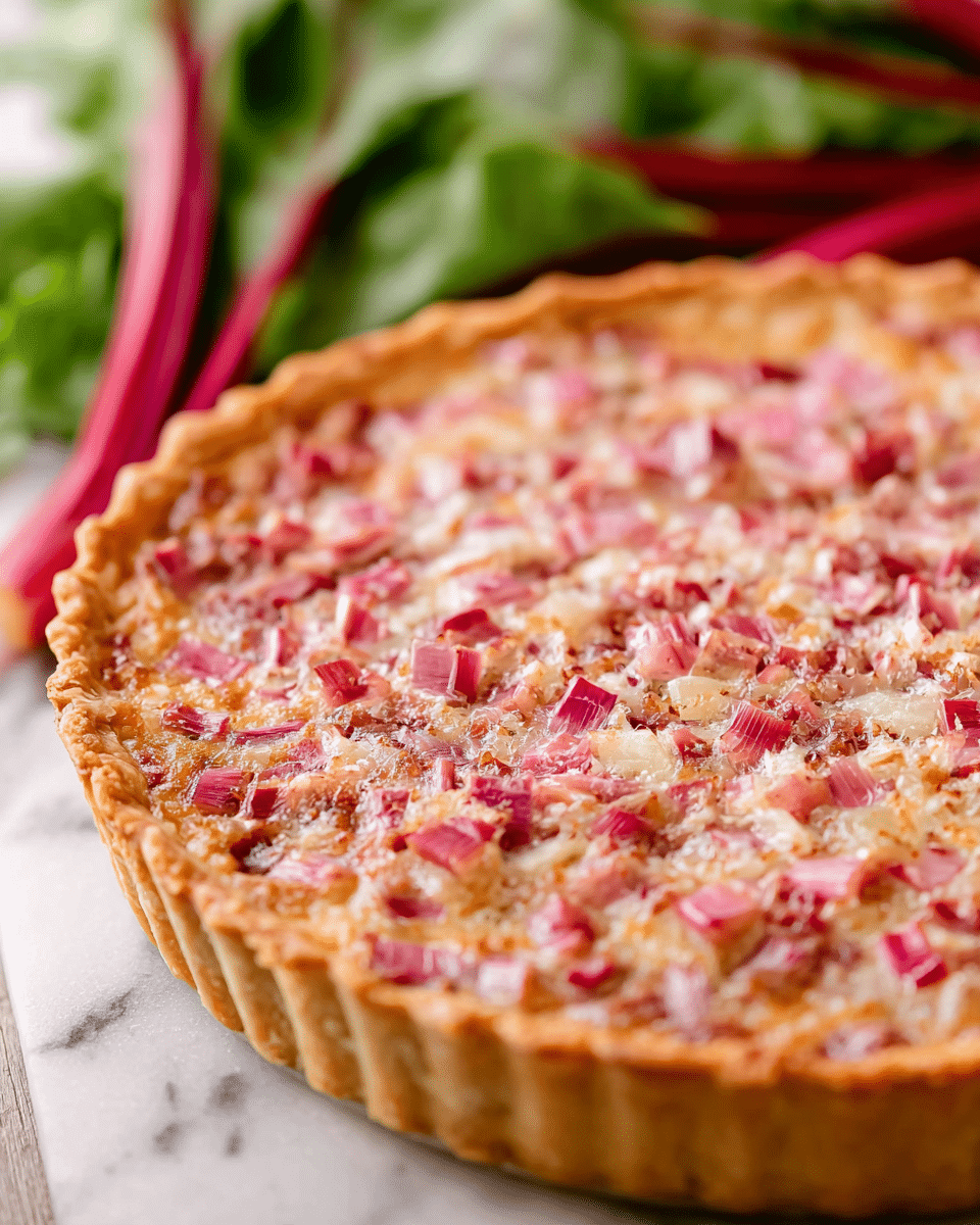 A close-up view of a round pie with a golden-brown, crimped edge crust filled with a mixture of finely chopped pink and light green pieces spread evenly across the top. The filling appears moist and slightly glossy, showing textures of soft cooked fruit pieces and a lightly browned surface. The pie is placed on a white marbled textured surface with blurred leafy greens and red stems in the background, adding a fresh natural touch. photo taken with an iphone --ar 4:5 --v 7