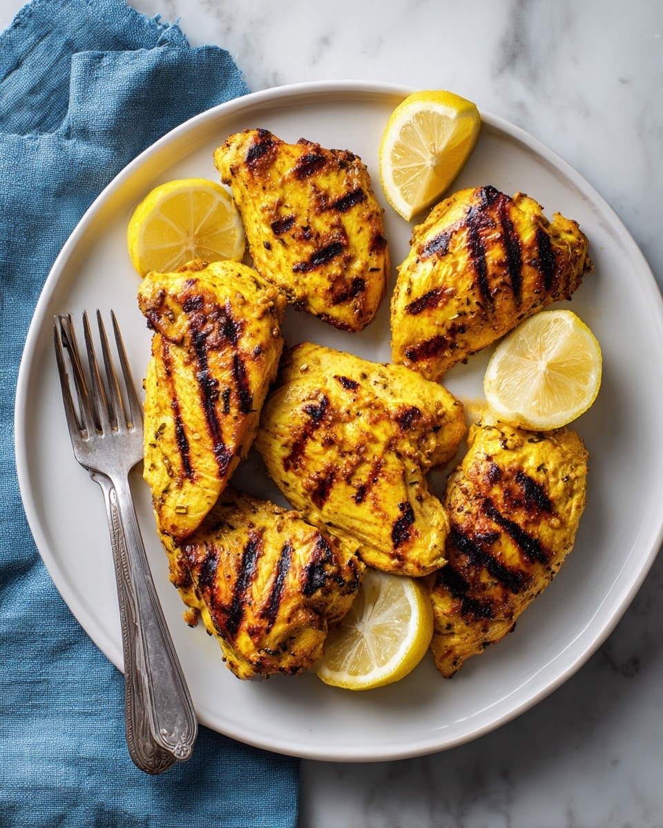 A white plate holds seven pieces of grilled chicken with bright yellow color and dark grill marks on top, arranged close together with four lemon wedges placed evenly around and between the chicken pieces; a silver fork lies on the bottom left side of the plate, and a blue cloth is partially visible on the white marbled surface background. Photo taken with an iphone --ar 4:5 --v 7