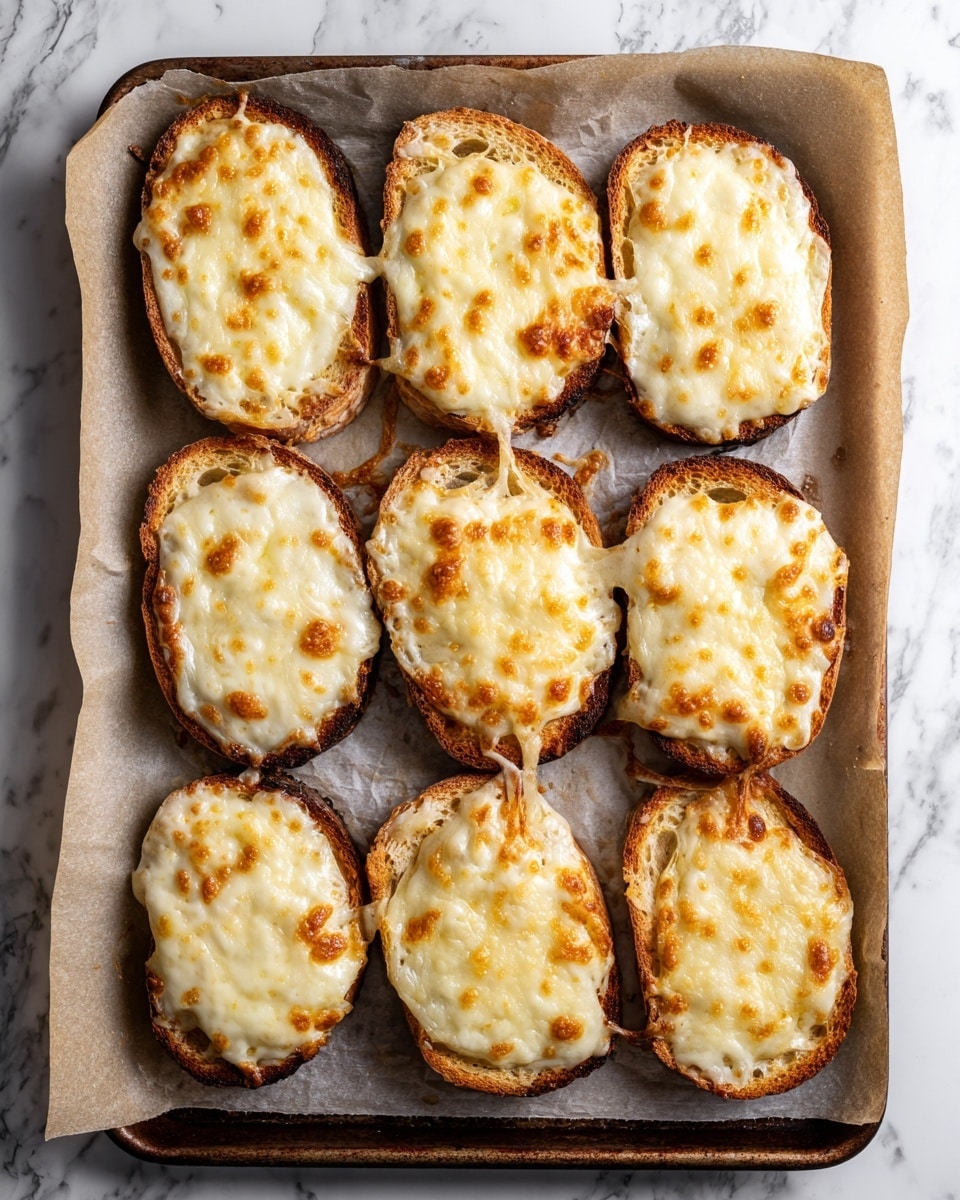 The image shows eight open-faced sandwiches on a baking sheet lined with parchment paper. Each sandwich has two layers: a dark brown toasted bread base and a thick layer of melted cheese on top, which is white with golden brown spots from baking. The cheese layer looks creamy and slightly bubbly, covering the entire surface of the bread. The sandwiches are arranged in two rows of four, evenly spaced on the sheet, which rests on a white marbled surface. photo taken with an iphone --ar 4:5 --v 7