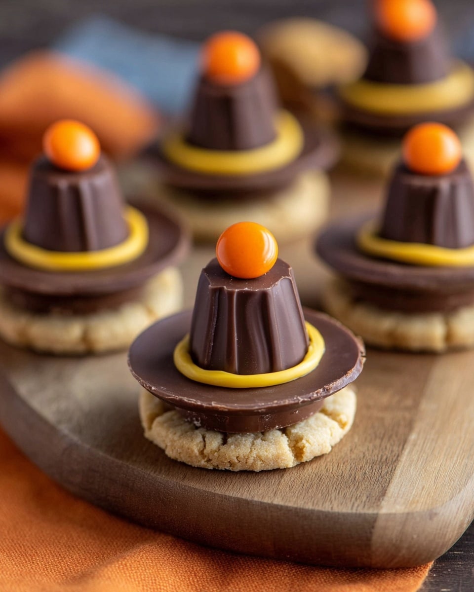 The image shows small desserts shaped like hats arranged on a wooden board. Each dessert has three layers: a flat cookie base at the bottom with a light brown color, a round dark brown chocolate disk on top of the cookie, and a small chocolate peanut butter cup placed upside down in the center of the disk. Around the base of the cup, there is a ring of bright yellow icing, and an orange candy is placed on the yellow ring in front of the cup. The background is softly blurred, and the board is on a white marbled surface with a piece of orange cloth with white designs partially visible under the board. photo taken with an iphone --ar 4:5 --v 7