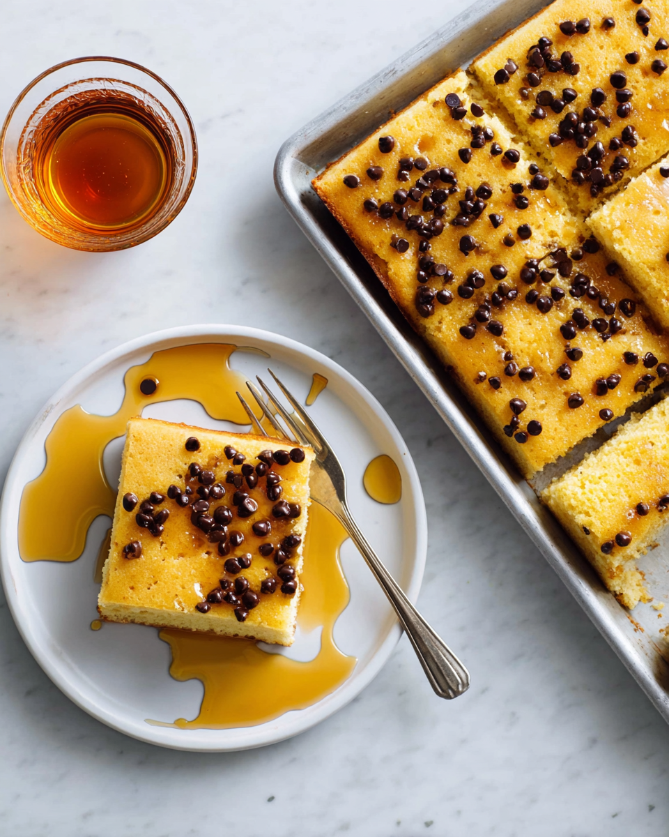 Two square pieces of light yellow cake with a soft and fluffy texture are placed on a white plate. They are topped with small dark brown chocolate chips scattered evenly across the surface and drizzled generously with thick golden syrup that pools slightly around the cake. A silver fork rests next to the cake on the plate. To the right, there is a metal baking tray with more pieces of the same cake lined up, showing the light golden crust on the bottom and the soft yellow top with chocolate chips. Above the plate, there is a clear glass cup filled with amber syrup with a small drip spilled next to it. The surface beneath everything is a white marbled texture. photo taken with an iphone --ar 4:5 --v 7
