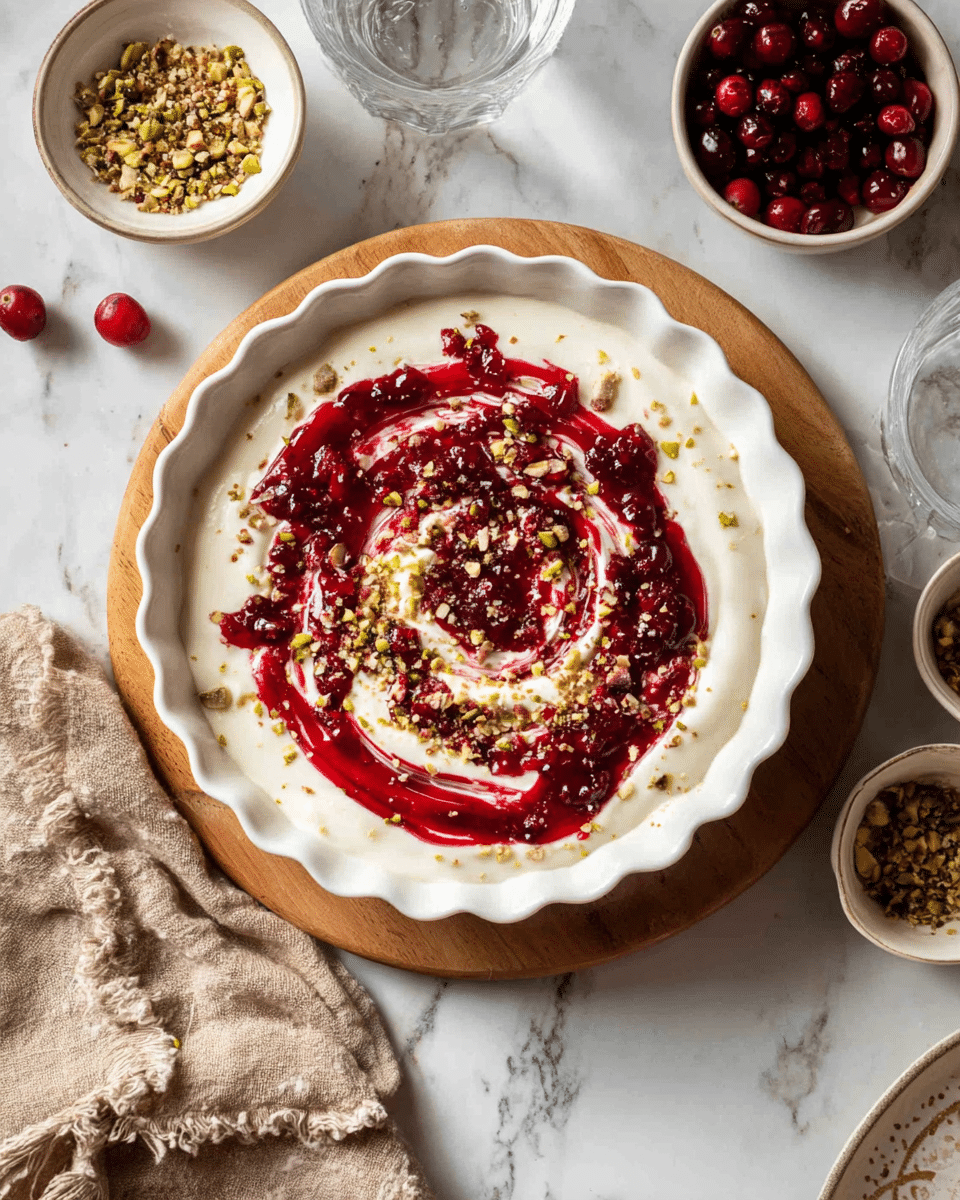 A white fluted bowl holds a creamy white base with a thick swirl of deep red jelly spread on top, creating a spiral pattern that blends smoothly into the cream. Small green and brown crushed nuts are sprinkled evenly over the surface, adding texture and color contrast. The bowl sits on a wooden board placed on a white marbled surface, surrounded by small white bowls filled with more crushed nuts and red jelly. Three red cranberries and a clear glass with water are also nearby, adding small accents to the scene. A beige cloth is casually draped near the bottom left corner. photo taken with an iphone --ar 4:5 --v 7