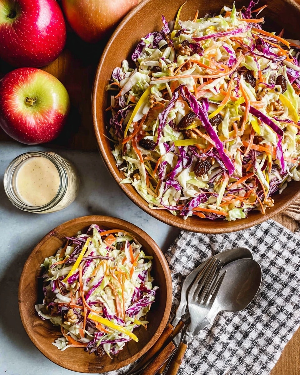 The image shows a large wooden bowl filled with a colorful layered salad featuring finely shredded white cabbage as the base layer, mixed with thin strips of purple cabbage, carrot, and yellow bell pepper on top, creating a vibrant mix of purple, orange, yellow, and white colors throughout. Scattered dark raisins and nuts are visible among the veggies adding texture. A smaller wooden bowl with a smaller portion of the same salad is placed nearby, with a white marbled surface underneath and a bunch of shiny red apples with green centers around. Forks lie on a checkered napkin beside the bowls, and a small cup of creamy dressing is partially visible on the side. Photo taken with an iphone --ar 4:5 --v 7