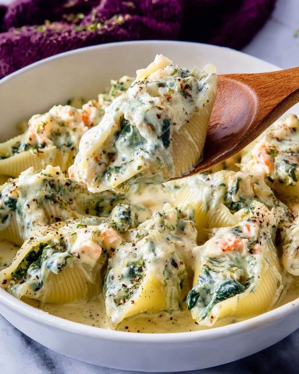 The image shows a white bowl filled with large pasta shells stuffed with a creamy mixture of green spinach and orange pieces, likely shrimp or crab. Each shell is generously covered with melted white cheese and creamy sauce that has specks of black pepper and herbs. The pasta shells are arranged close together forming a single layer, sitting in a shallow pool of the creamy sauce. A wooden spoon lifts one stuffed shell, highlighting its soft texture and creamy filling. The bowl is placed on a white marbled surface with a blurred dark purple cloth in the background. photo taken with an iphone --ar 4:5 --v 7