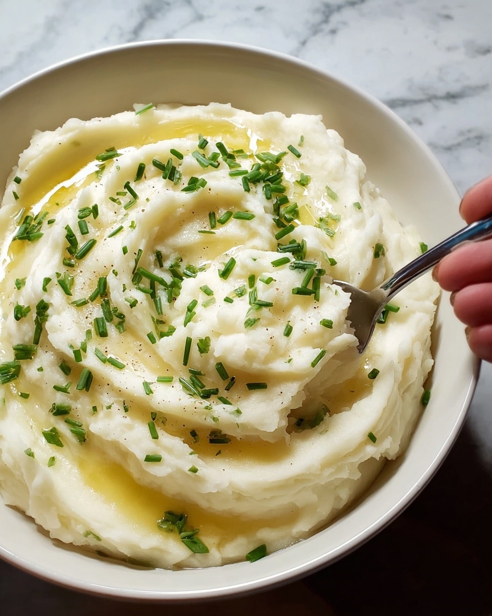 A close-up view of a bowl filled with creamy mashed potatoes forming about three thick, soft white layers swirled smoothly on top of each other. The surface of the mashed potatoes is glossy with melted butter pooled in some areas, giving a shiny golden yellow tint. Bright green chopped chives are scattered evenly across the top layer, adding fresh color. There is a woman's hand holding a spoon dipping into the mash at the right edge of the bowl. The bowl is white and set on a surface with a white marbled texture. Photo taken with an iphone --ar 4:5 --v 7