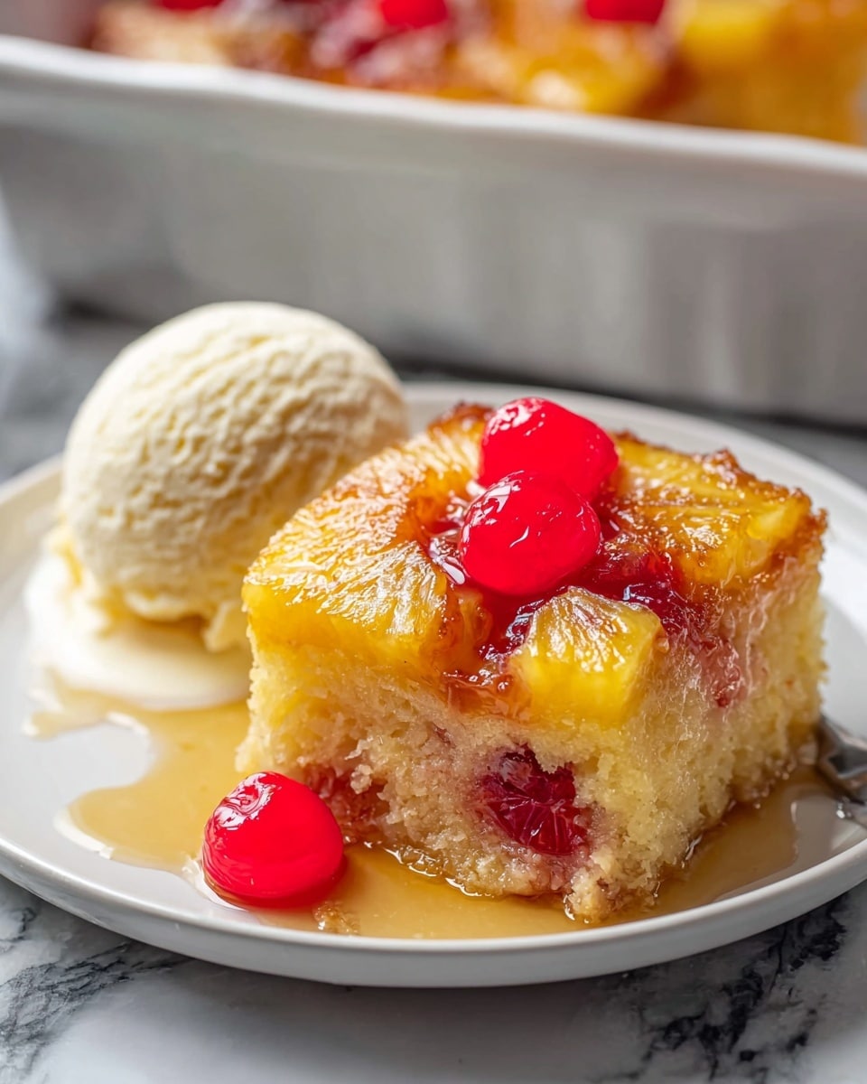 A square slice of pineapple upside-down cake sits on a white plate, showing three visible layers: the top layer has golden caramelized pineapple rings with bright red glossy cherries placed on top, the middle layer is a light yellow sponge cake with a moist texture, and the bottom layer has a slightly darker moist cake with bits of cherry inside. The cake slice is slightly sticky with syrup dripping around it. Behind the cake slice, there is a round scoop of creamy vanilla ice cream with a smooth texture. The plate is on a white marbled surface, and in the blurred background is a white baking dish containing more of the cake. Photo taken with an iphone --ar 4:5 --v 7