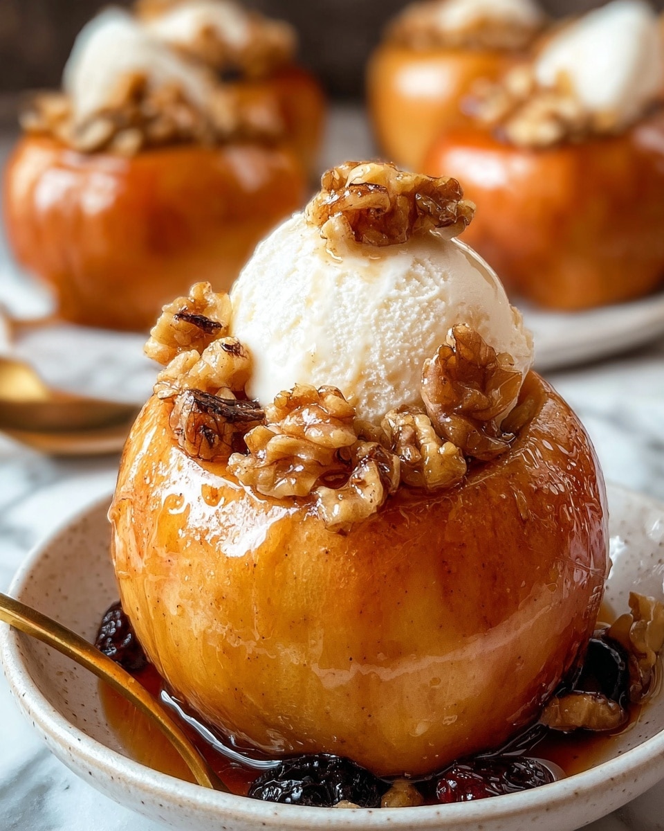 The image shows a close-up of a shiny baked apple with a smooth, golden-brown surface that looks moist and caramelized. Inside the hollowed top of the apple, there is a white scoop of ice cream, slightly melting around the edges. On top of and around the ice cream, there are chunky pieces of walnuts mixed with raisins, glistening as if coated with syrup. The apple rests on a white bowl with some dark sauce or fruit pieces at the base, and more baked apples with the same toppings are seen blurred in the background on a white marbled surface. photo taken with an iphone --ar 4:5 --v 7