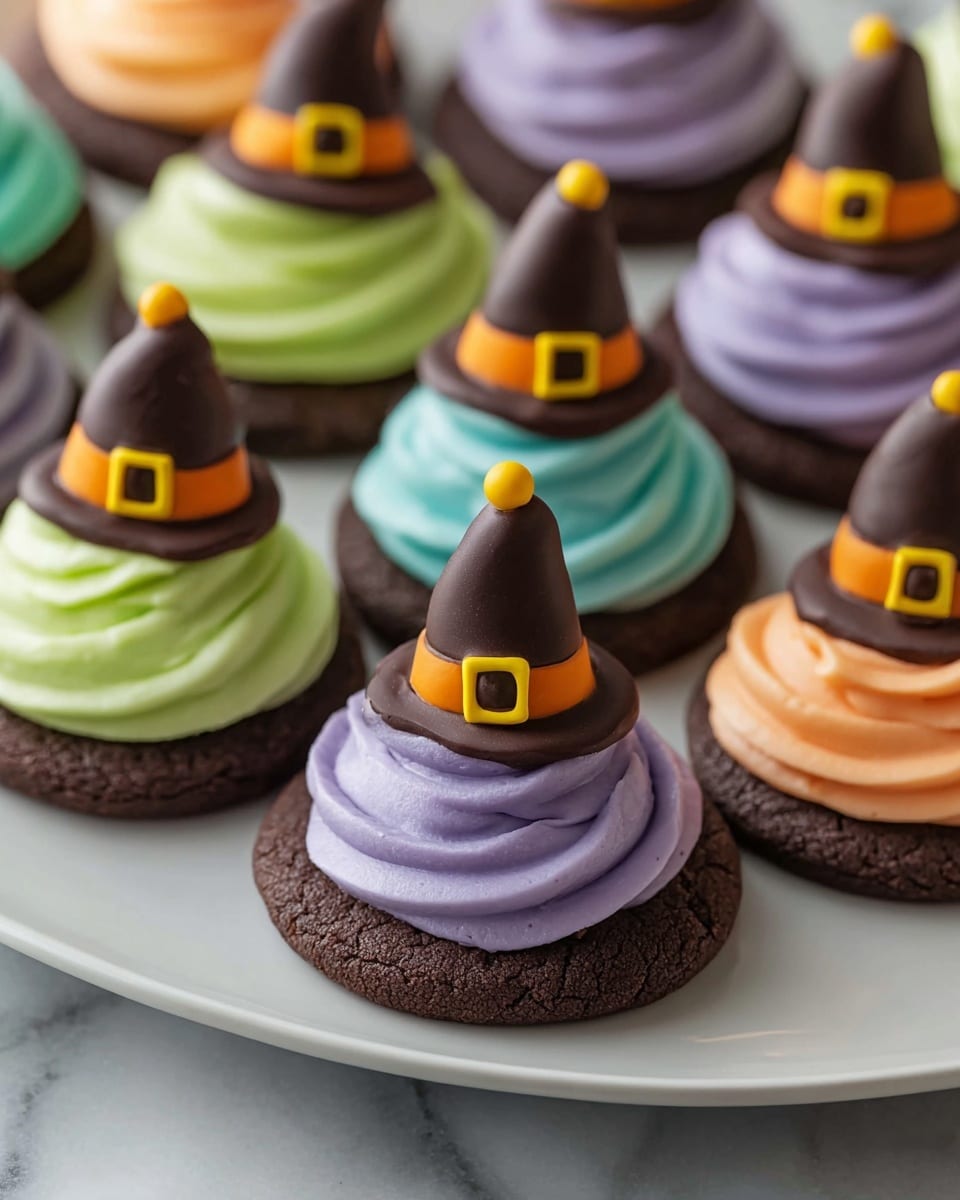 The image shows round chocolate cookies at the bottom with smooth texture, each topped with a swirl of creamy frosting in pastel colors including light green, orange, purple, and blue. On top of the frosting, there is a small, dark chocolate witch hat with a glossy finish, decorated with a small yellow band and buckle around the base and a yellow ball on the tip of the hat. The cookies are arranged closely together on a white plate resting on a white marbled textured surface. Photo taken with an iphone --ar 4:5 --v 7