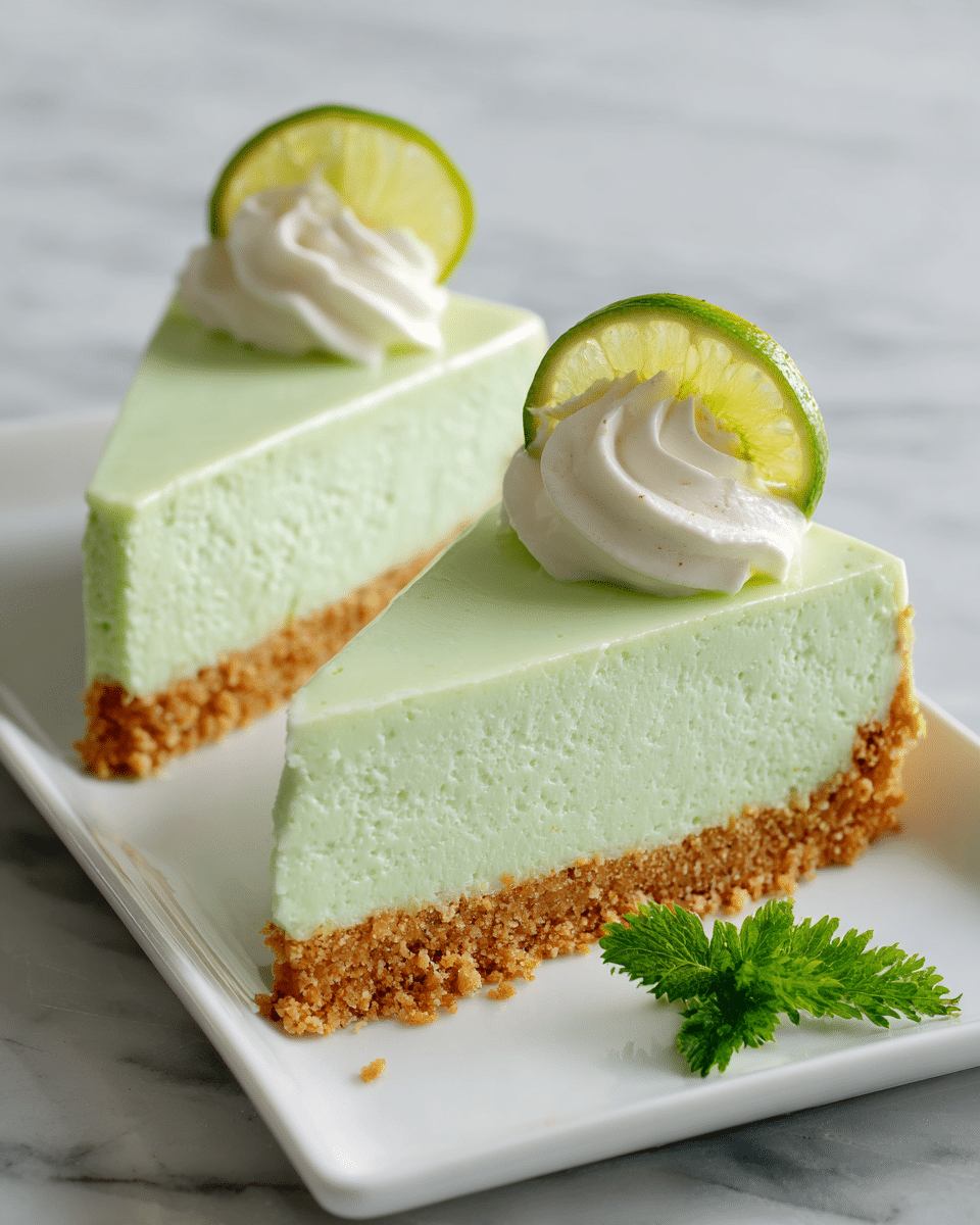 The image shows two slices of light green key lime pie with a creamy texture on a white rectangular plate. Each slice has two visible layers: a thick, smooth light green filling on top and a thin, crumbly golden brown crust at the bottom. On top of each slice, there is a small dollop of white cream with a thin slice of lime curled on it. In front of the nearest slice, there is a small green parsley leaf placed on the plate. The surface beneath the plate has a white marbled texture. Photo taken with an iphone --ar 4:5 --v 7