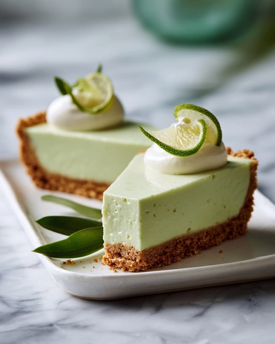 Two slices of light green pie with a smooth, creamy texture sit on a white rectangular plate on a white marbled surface. Each slice has a light brown crumbly crust at the bottom, a thick green filling layer in the middle, topped with a small dollop of white cream and a thin, curled lime slice. A few green leaves rest next to the front slice on the plate. The background is softly blurred with a green color. Photo taken with an iphone --ar 4:5 --v 7