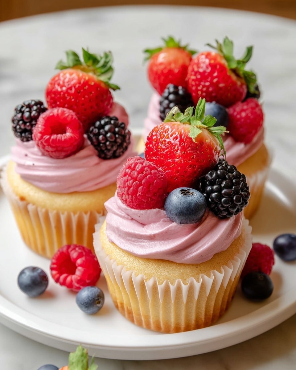 Three golden yellow cupcakes are arranged on a white plate set on a white marbled texture surface. Each cupcake has one thick layer of smooth, pale pink frosting with a slightly swirled texture on top. On the frosting, there are several fresh berries: a bright red strawberry with green leaves, a plump red raspberry, a dark purple blackberry, and a few small blue blueberries. The cupcakes are close together, with some blueberries scattered on the plate around them. The image shows a warm, soft lighting with a blurred brown background. photo taken with an iphone --ar 4:5 --v 7