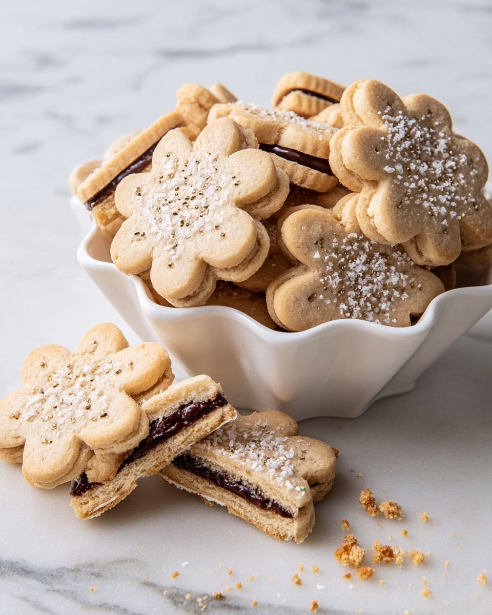 The image shows a white bowl with a wavy edge filled with flower-shaped sandwich cookies arranged inside. Each cookie has two light brown layers with a rough texture, filled with a thick dark chocolate layer in the middle. Some of the top cookie layers have white sugar crystals sprinkled on them, while others are plain but lightly dusted with sugar. In front of the bowl, on a white marbled surface, are two cookies, one whole and one broken in half, showing the dark chocolate filling clearly. There are small cookie crumbs scattered around them. Photo taken with an iphone --ar 4:5 --v 7