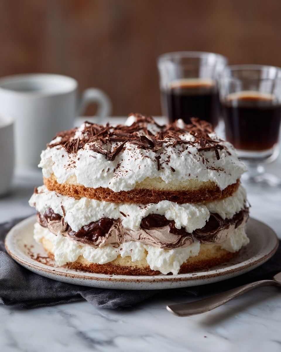A three-layer dessert stands on a white plate with a rustic rim, placed on a white marbled textured surface with a dark cloth underneath. The bottom layer is a light brown meringue with chocolate swirls, topped thickly with smooth white whipped cream. The middle layer repeats the light brown meringue with chocolate swirls, again covered with a generous layer of bright white whipped cream. The top layer is the same meringue, crowned with a loose spread of whipped cream and sprinkled with thin dark chocolate shavings. In the background, two clear glasses filled with dark liquid sit against a softly blurred wooden setting. Photo taken with an iphone --ar 4:5 --v 7