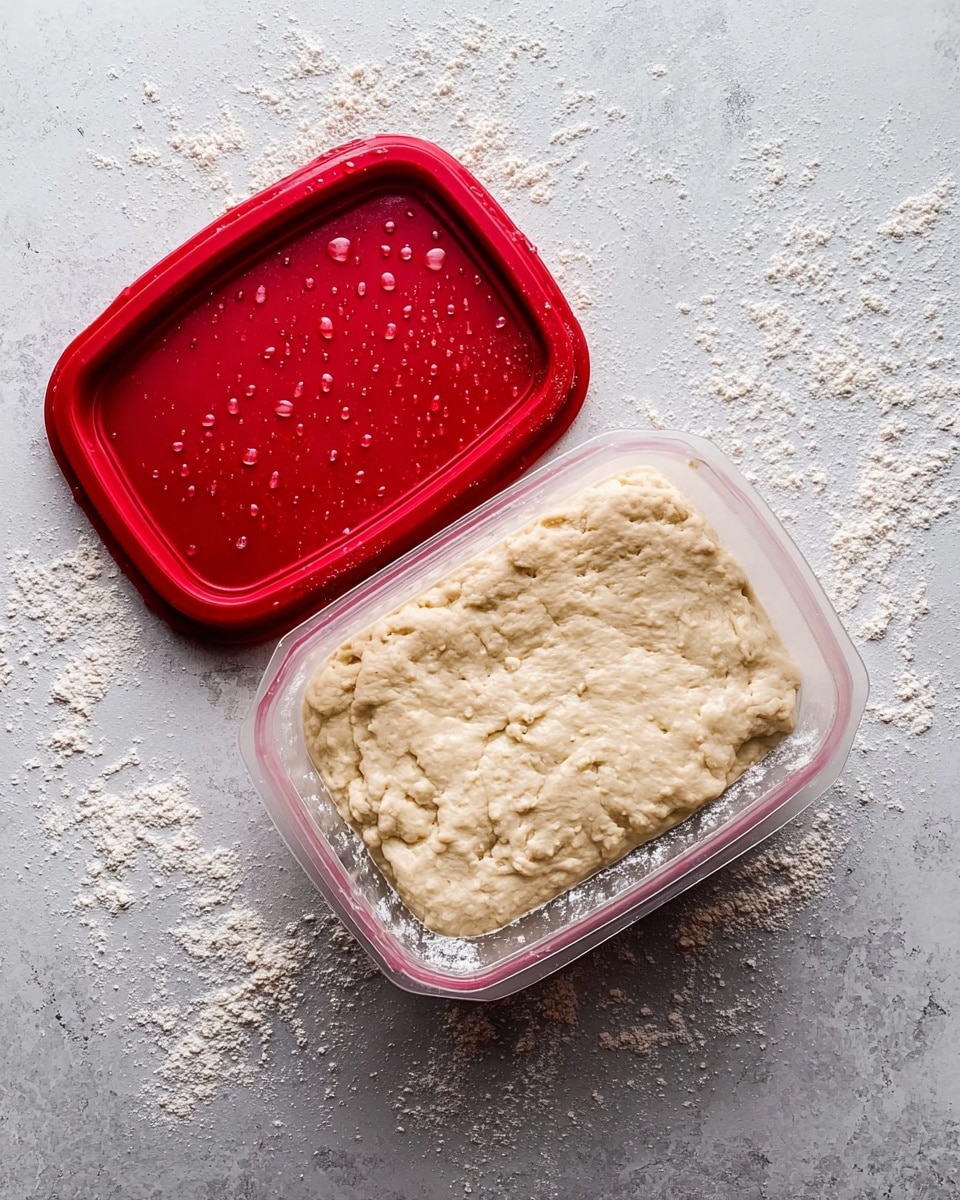 A clear plastic container filled with light beige dough that has a slightly bumpy and soft texture, spread evenly inside. The container's red lid is placed beside it, showing droplets of water on its surface. The container sits on a white marbled textured surface with a few scattered bits of flour around. Photo taken with an iphone --ar 4:5 --v 7