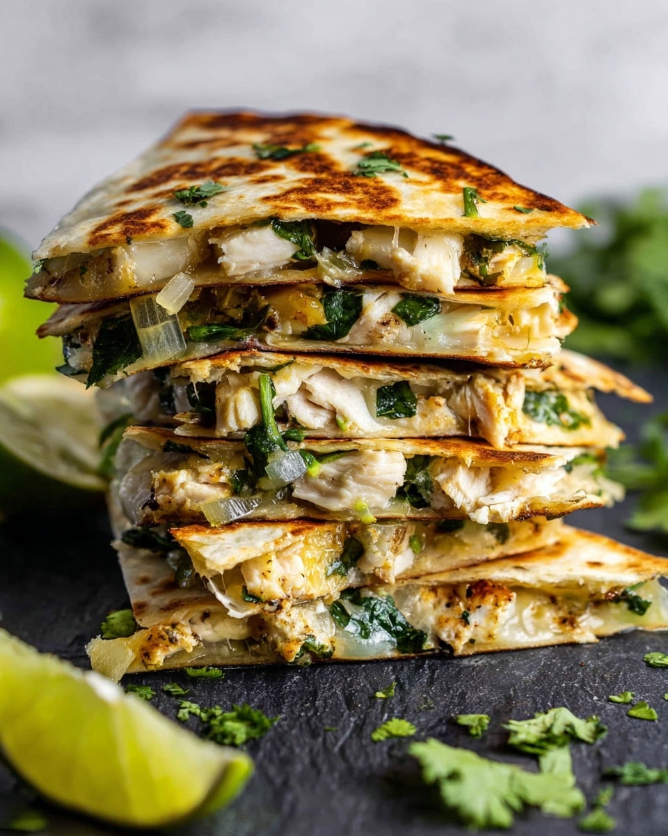 A stack of five triangular quesadilla slices is shown close up, each slice layered with golden brown toasted tortillas, chunks of white chicken, melted white cheese, and green leafy cilantro. The layers reveal bits of translucent cooked onions and browned spots from cooking. The stack sits on a dark textured board with scattered cilantro pieces and lime wedges around it. The background is a white marbled texture with soft lighting highlighting the crispy edges and fresh filling, photo taken with an iphone --ar 4:5 --v 7