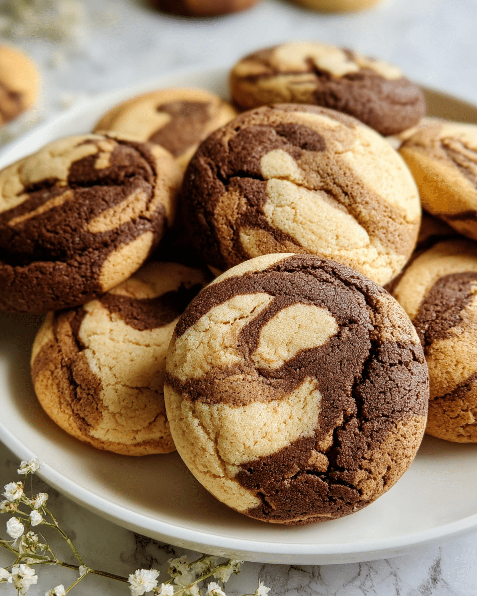A close-up view of several round marble cookies on a white plate, each cookie having a swirled pattern made of two colors: light beige and dark brown. The cookies look soft and slightly cracked on top, with the swirled colors blending in a textured way across each cookie. The white plate holding the cookies rests on a white marbled surface with some small white flowers scattered around. The image is focused on the cookie in the front center, showing details of its cracked and swirled surface with the other cookies slightly blurred in the background. Photo taken with an iphone --ar 4:5 --v 7