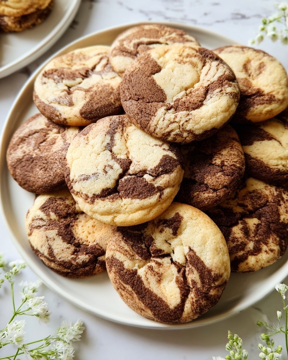 A white plate filled with many round cookies that have a marbled mix of light brown and dark brown swirls throughout each cookie, showing a soft and slightly cracked texture on top. The cookies are stacked closely together, some overlapping, displaying their golden base blending with the rich chocolate patterns. The plate sits on a white marbled surface, with a few small white flowers and green thin stems placed around it, adding a gentle natural touch to the scene. Photo taken with an iphone --ar 4:5 --v 7