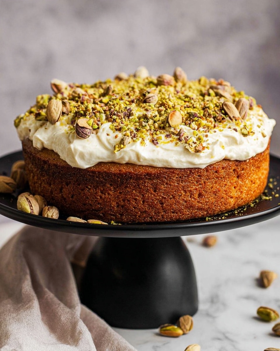 A slice of pistachio cake is shown on a black cake stand against a white marbled background. The cake has one thick layer of light greenish-yellow sponge with a moist, soft texture. On top is a thick layer of creamy white frosting, smooth and fluffy, sprinkled generously with crushed green and brown pistachio nuts. Some whole pistachio nuts with shells mixed with chopped nuts are scattered around the base of the cake on the stand. The rest of the cake, with the same layers, is visible in the background. Photo taken with an iphone --ar 4:5 --v 7