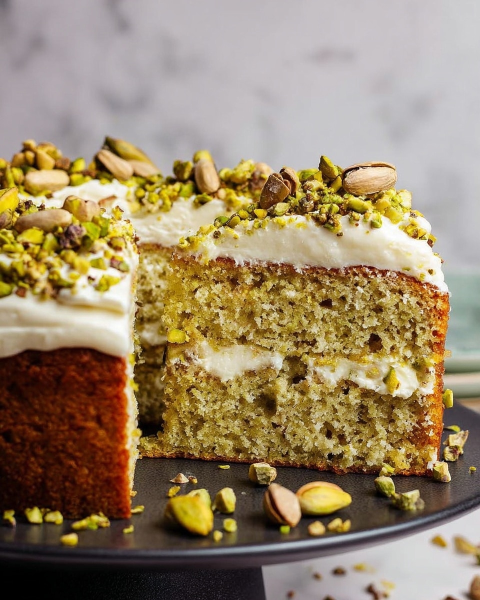 A single-layer round cake with a golden-brown, slightly textured crust stands on a black cake stand. The top layer is thick, white cream frosting spread unevenly with soft peaks and swirls, topped with a generous sprinkle of chopped pistachios mixed with crushed nuts that add a crunchy texture. Whole pistachio nuts are scattered loosely around the base of the cake on the cake stand. The background is a white marbled texture with a soft cloth draped nearby. photo taken with an iphone --ar 4:5 --v 7