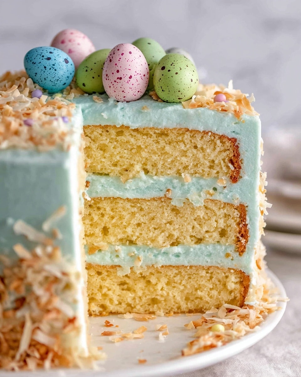 This is a three-layer yellow cake with light blue frosting between each layer and covering the outside. The cake layers look soft and moist with a golden edge. On top of the cake, there are pastel-colored speckled candy eggs in blue, pink, and green, sitting on a bed of toasted shredded coconut that also decorates the base of the cake. The cake is on a white plate with a white marbled surface in the background. Photo taken with an iphone --ar 4:5 --v 7