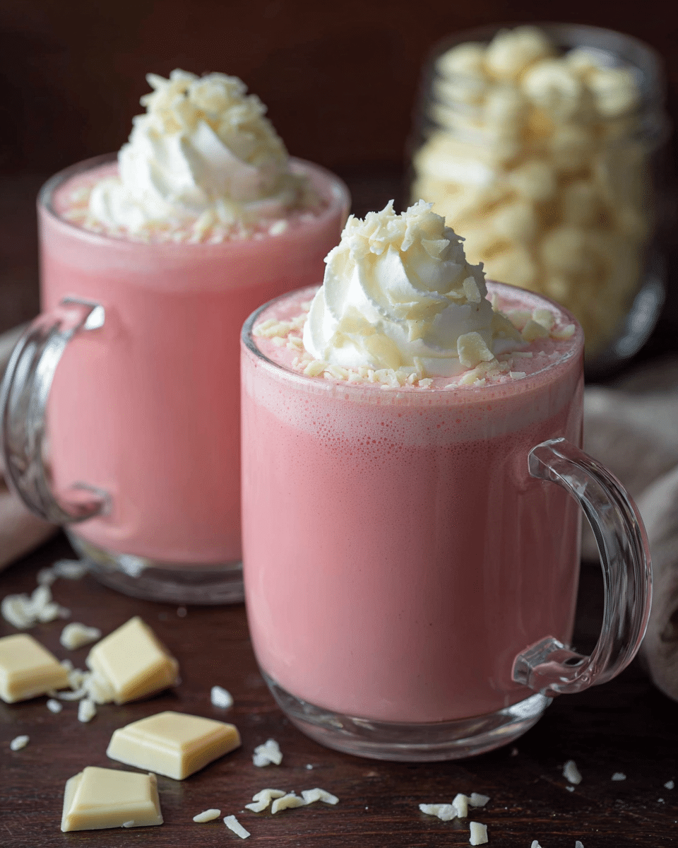 Two clear glass mugs filled three-quarters with pink creamy drink sit on a dark wooden surface. Each mug is topped with three rounded dollops of white whipped cream, sprinkled with small white chocolate shavings. Behind the mugs, there is a blurred glass jar filled with white chocolate chips. Scattered white chocolate pieces lie around the mugs on the surface. The scene is softly lit, highlighting the smooth texture of the drink and the fluffy whipped cream. Photo taken with an iphone --ar 4:5 --v 7