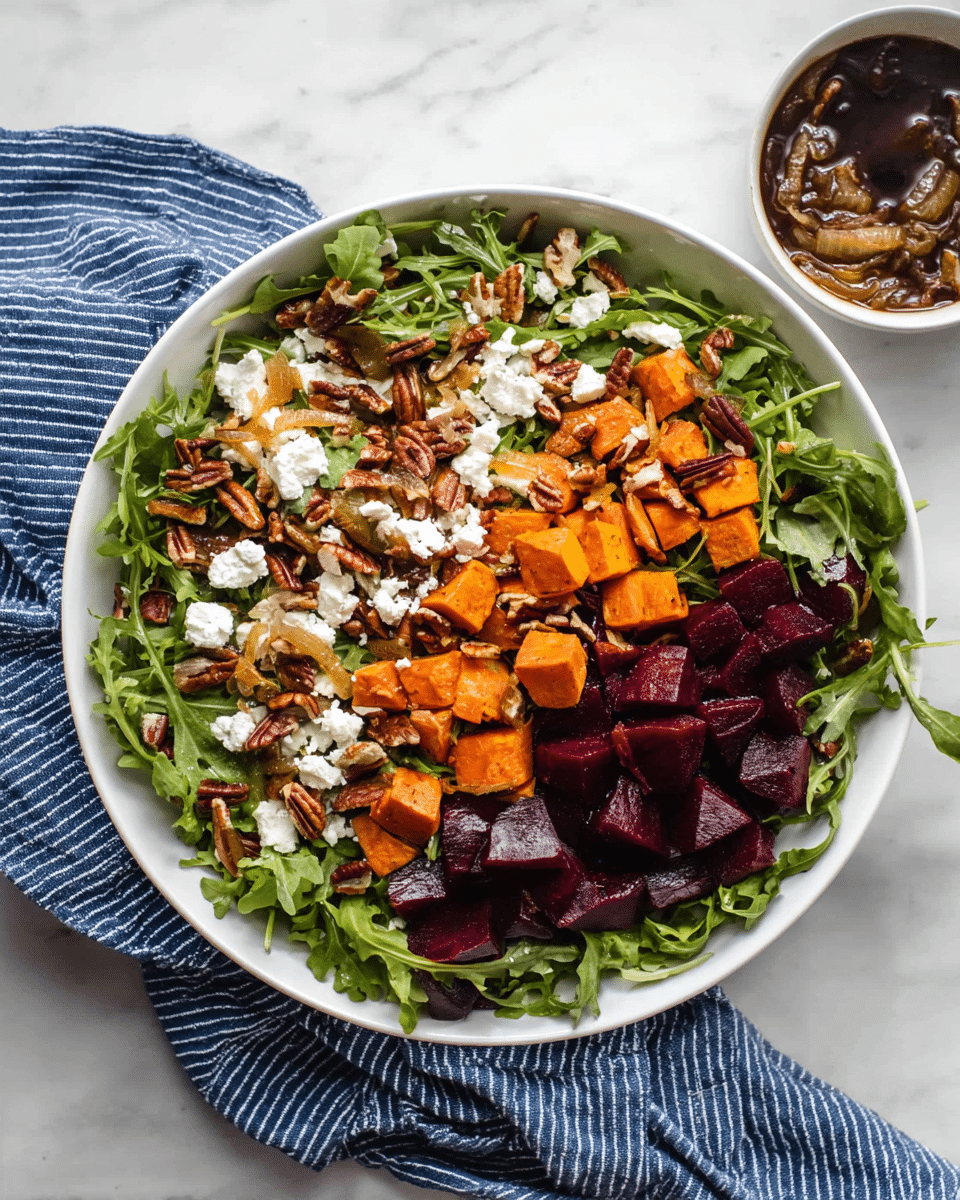 A large white bowl filled with a colorful salad sits on a white marbled surface. The salad has a base layer of green leafy arugula spread evenly at the bottom. On top, there is a mix of deep purple beet chunks and bright orange roasted sweet potato cubes scattered around. Thin, light brown caramelized onion strips and small brown pecan pieces are spread over the salad, along with uneven white crumbles of goat cheese. A blue cloth with white stripes is placed next to the bowl, and in the top right corner, there is a small white bowl containing more caramelized onions in dark dressing. Photo taken with an iphone --ar 4:5 --v 7