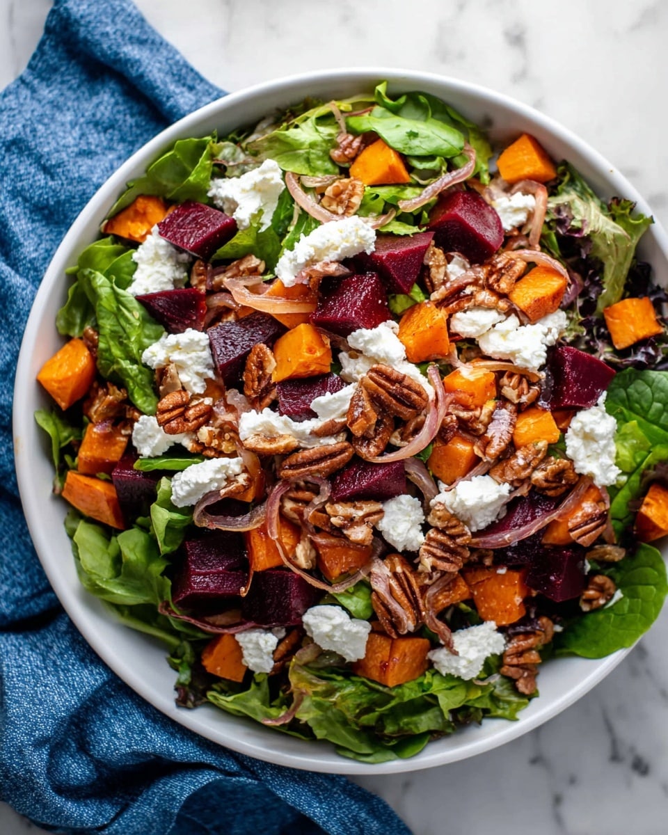 A white bowl filled with a fresh salad on a white marbled surface with a blue cloth napkin. The salad has a base layer of bright green leafy greens, topped with deep red cubes of beetroot and orange cubes of roasted sweet potatoes. Scattered on top are toasted pecans and thin caramelized onion slices, with dollops of soft white goat cheese spread throughout. The mix of colors and textures creates a vibrant, fresh look with a blend of crunchy, creamy, and roasted elements. Photo taken with an iphone --ar 4:5 --v 7