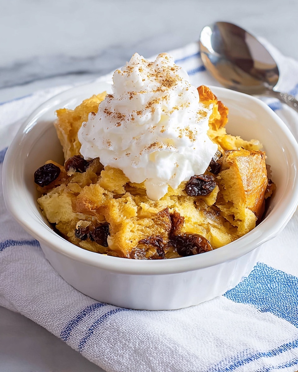 A white bowl holds a layered dish of golden-brown baked bread pudding mixed with dark raisins scattered throughout. The bottom layer shows soft, moist bread pieces with a light yellowish tint, and above that are crispier, flaky bread pieces in a rich golden color. The top is crowned with a dollop of white whipped cream sprinkled lightly with cinnamon powder. The bowl is placed on a white cloth with blue stripes over a white marbled surface, and a silver spoon rests beside the bowl. photo taken with an iphone --ar 4:5 --v 7