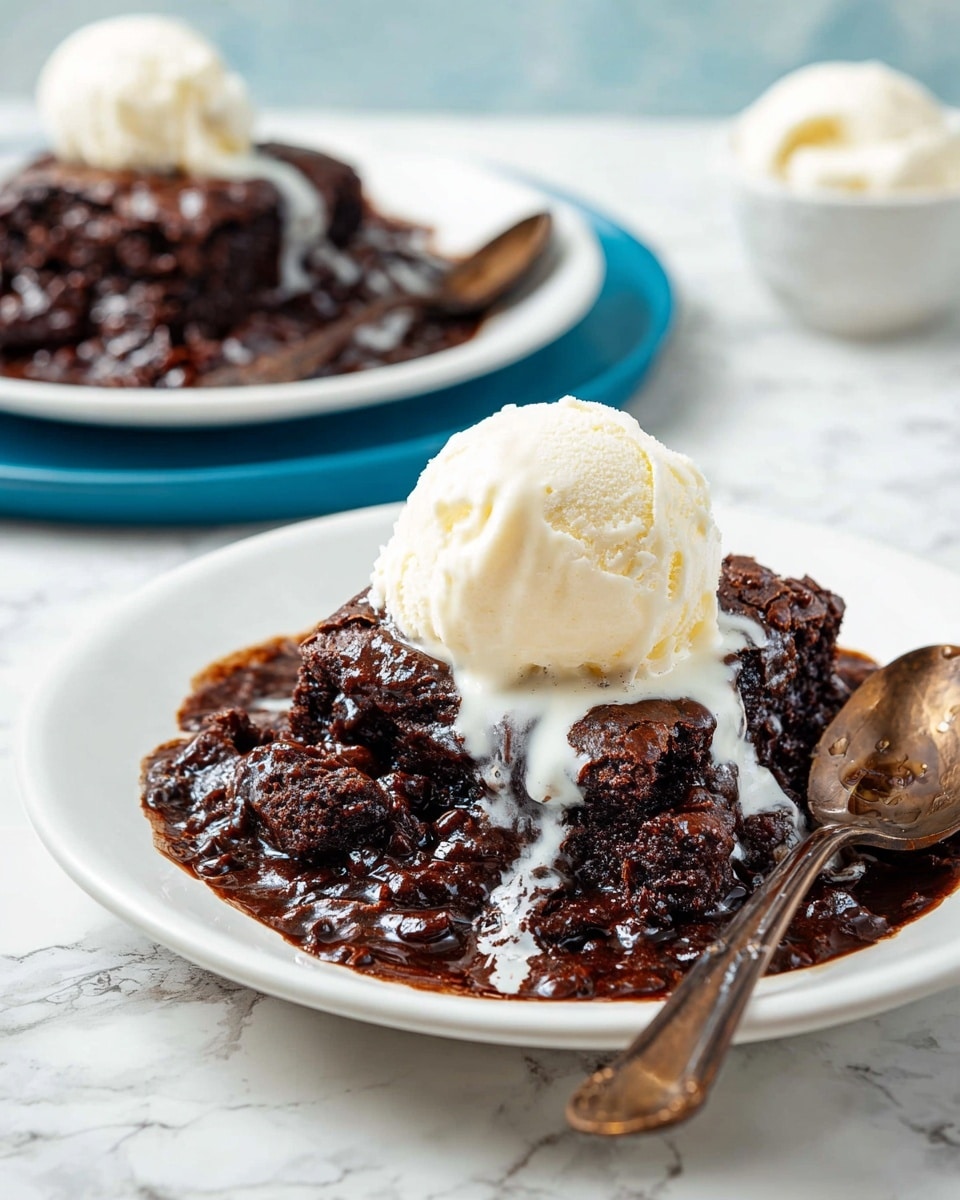 A white plate sits on a blue plate with a rich, dark chocolate dessert that has a moist and gooey texture, featuring chunks and melted spots. On top of the chocolate dessert is a single scoop of creamy, off-white vanilla ice cream beginning to melt, with soft white streaks running down into the chocolate below. A vintage-looking bronze spoon rests on the edge of the white plate. In the blurred background, there is another white plate with more of the dark chocolate dessert, also set on a blue plate. There is an ice cream scoop holding some vanilla ice cream on the side, all placed on a surface with a white marbled texture. Photo taken with an iphone --ar 4:5 --v 7