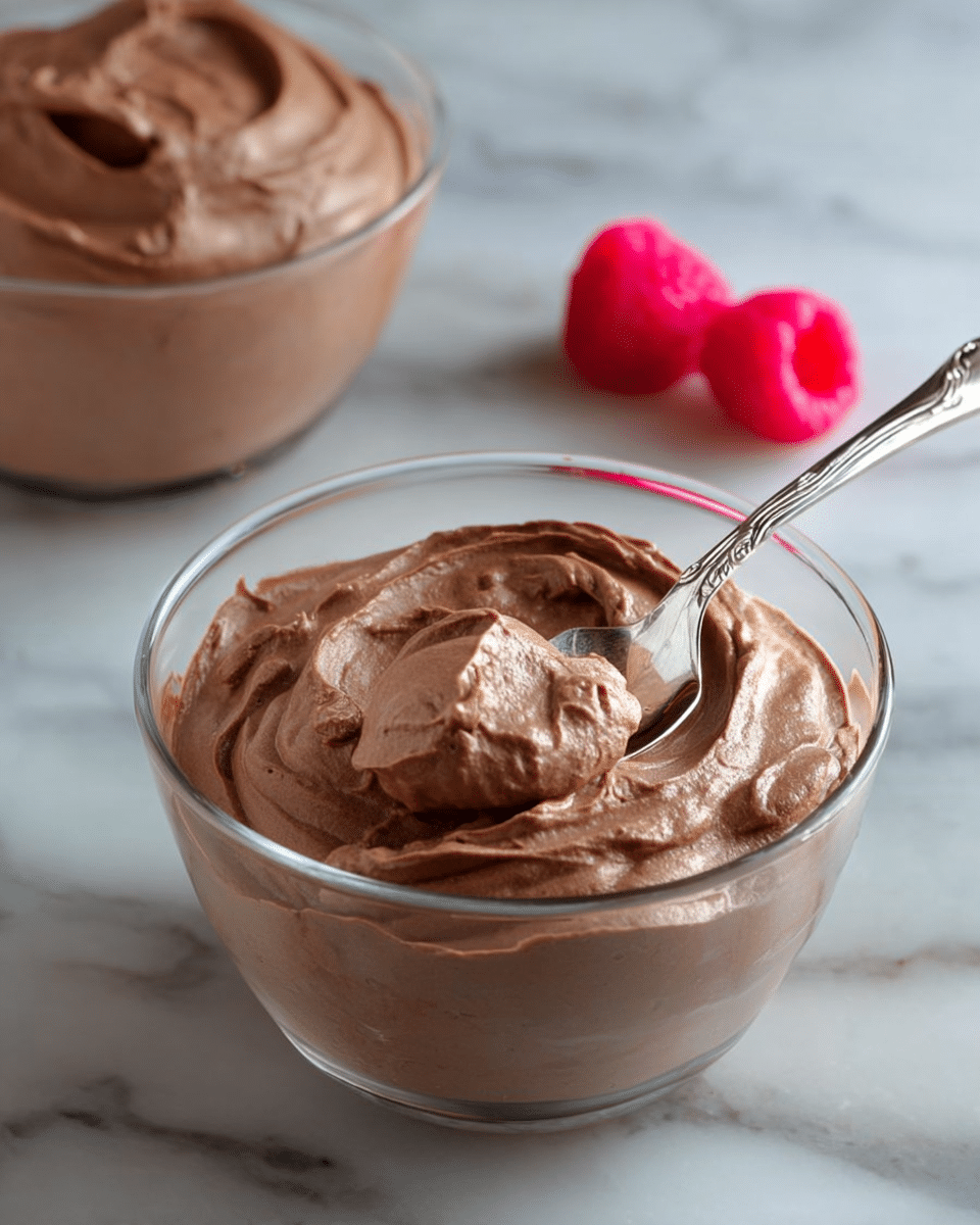 The image shows a clear glass bowl filled with a smooth, creamy chocolate mousse that has a soft and fluffy texture, with gentle swirls and peaks on its surface. A silver spoon is placed inside the bowl, partially submerged in the mousse with a scoop taken out, showing the mousse’s light and airy consistency. In the background, there is another bowl of the same mousse and two bright red raspberries placed on a white marbled surface, adding a pop of color to the scene. Photo taken with an iphone --ar 4:5 --v 7