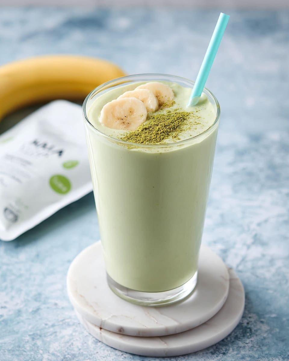A clear glass filled with a light green smoothie topped with three banana slices and a sprinkle of green powder, a mint green straw is placed inside the glass on the right side, the glass sits on two stacked white marble coasters, all set on a white marbled textured surface photo taken with an iphone --ar 4:5 --v 7