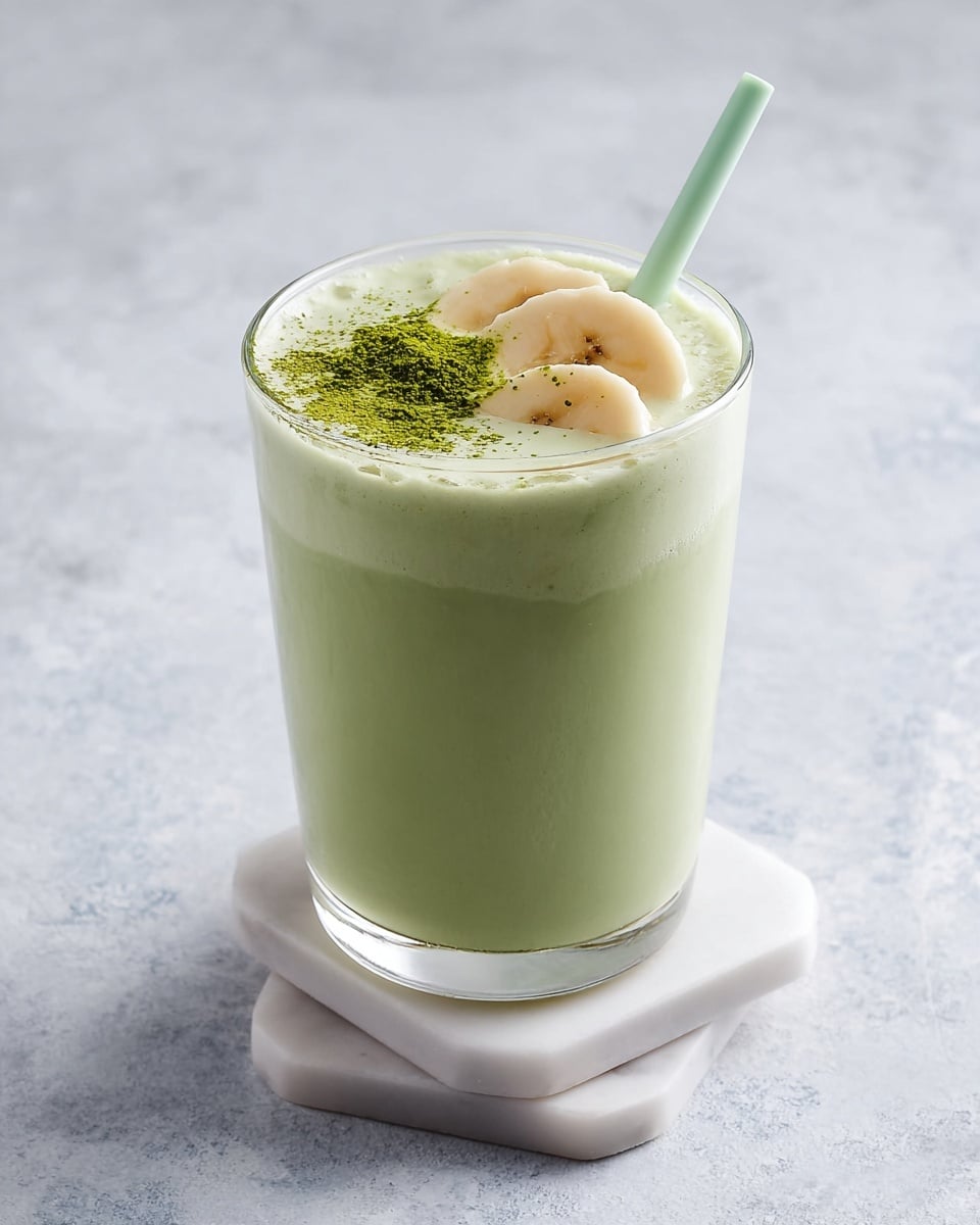 A tall clear glass filled with a light green creamy smoothie topped with three pale yellow banana slices, one of which is sprinkled with green powder. A light blue straw stands inside the glass from the right side. The glass is placed on two stacked white round and square coasters with a white marbled texture surface in the background. Part of a banana and a blurry white packet are in the background. photo taken with an iphone --ar 4:5 --v 7