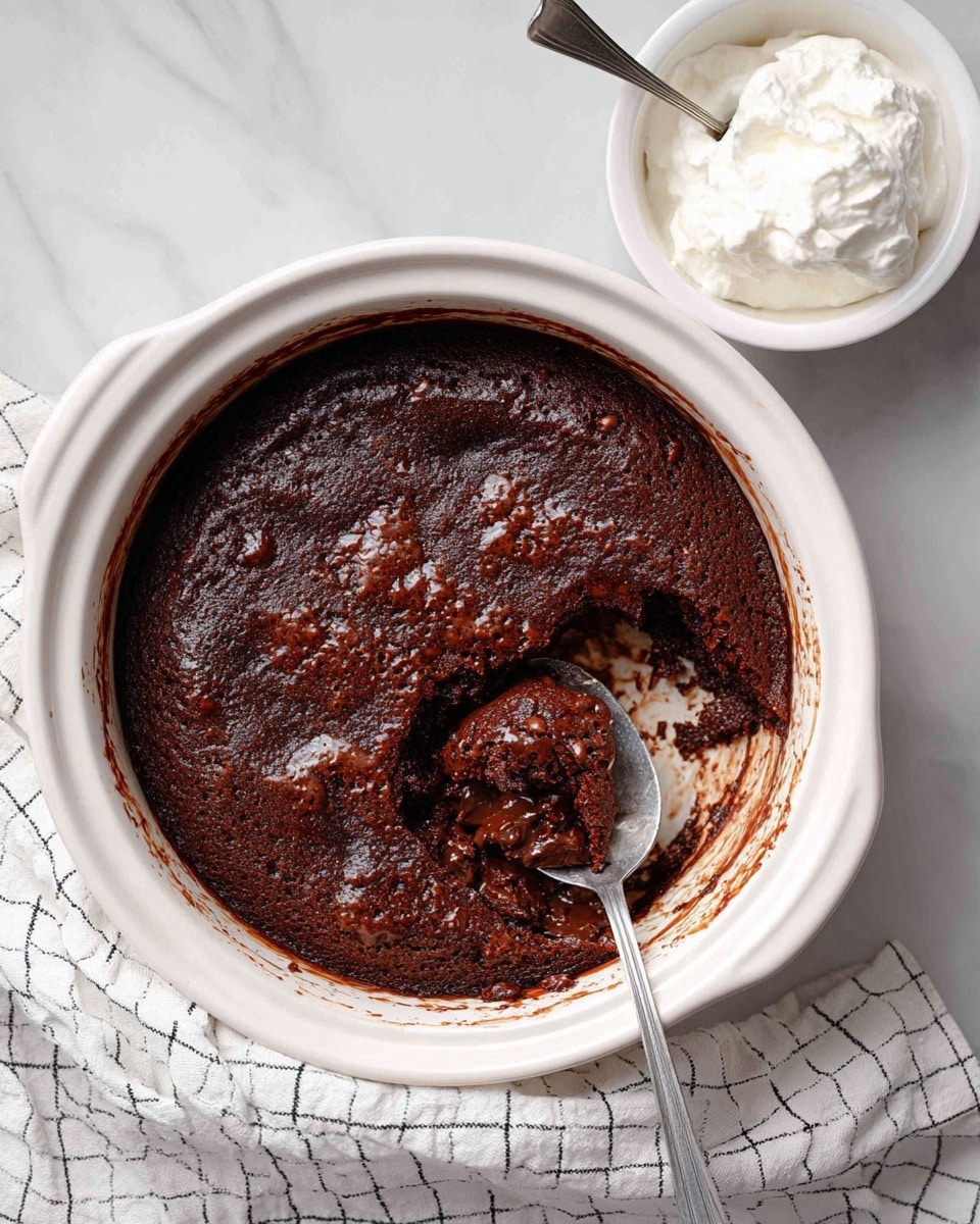 The image shows a round dish with two layers: the top layer is a dark brown, slightly cracked baked chocolate cake with a moist texture visible where a spoon has scooped out a portion from the right side. The bottom layer exposed under the scoop is a glossy, rich, and darker chocolate sauce. The dish is placed on a white marbled surface, with a silver spoon resting inside the dish on the scooped side. Near the dish, there is a white bowl filled with whipped cream and a spoon inside it. A white cloth with a black grid pattern is partly visible near the bottom left corner. Photo taken with an iphone --ar 4:5 --v 7