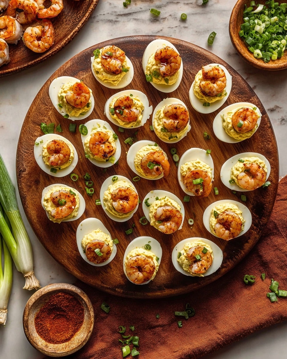 A round wooden board holds 24 halves of deviled eggs arranged in a circle, each egg half with a smooth white outer layer, filled with a creamy pale yellow yolk mixture that has a slightly textured surface. On top of each egg half, there is a single golden-brown grilled shrimp with visible grill marks and a glossy, slightly oily texture. Small green herb pieces and thinly sliced green onions are sprinkled lightly over the eggs and shrimp. The wooden board sits on a white marbled surface with a russet brown cloth partially underneath it. Around the board, there are small bowls: one with chopped green herbs and another with more cooked shrimp. Scallions and a small bowl of reddish seasoning powder complete the scene, all on the white marbled background. photo taken with an iphone --ar 4:5 --v 7